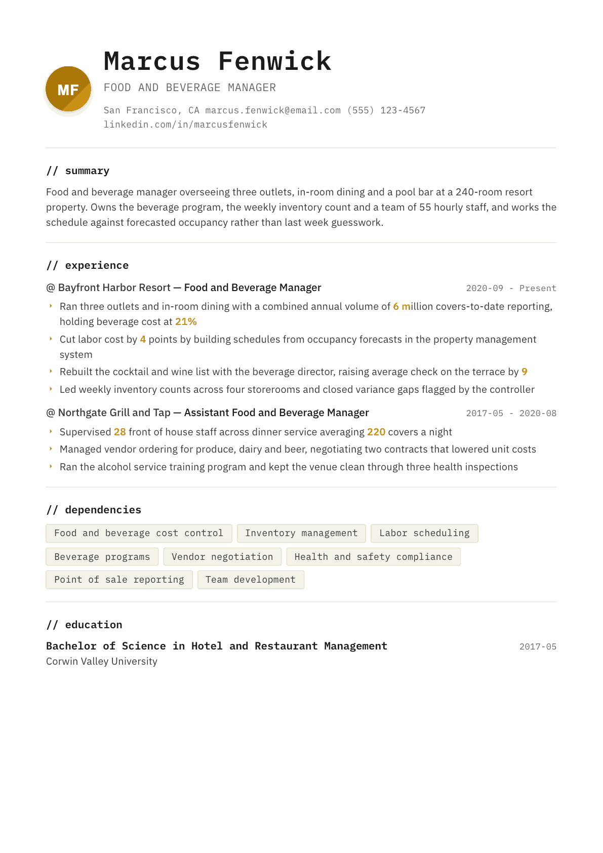 Food and Beverage Manager resume example, Terminal template