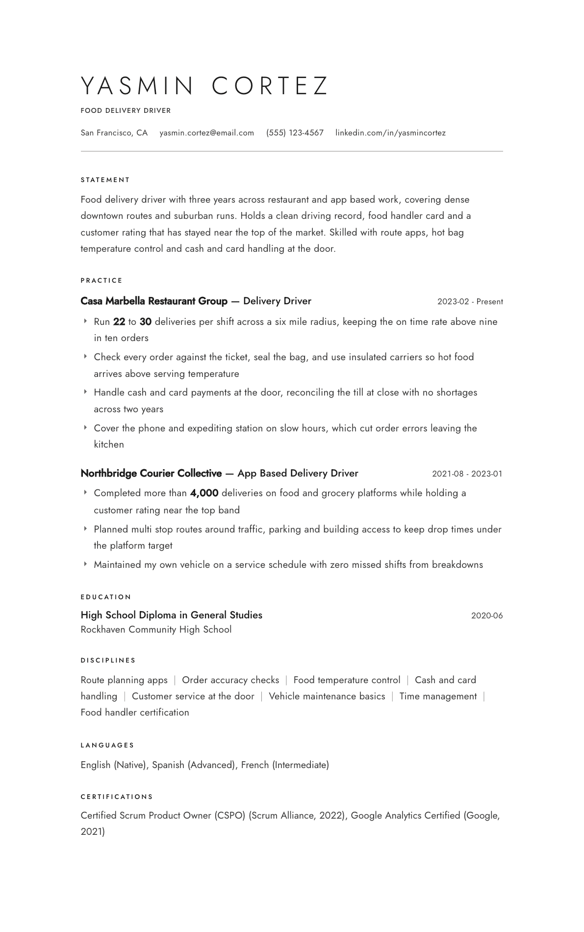 Food Delivery Driver resume example, Atelier template