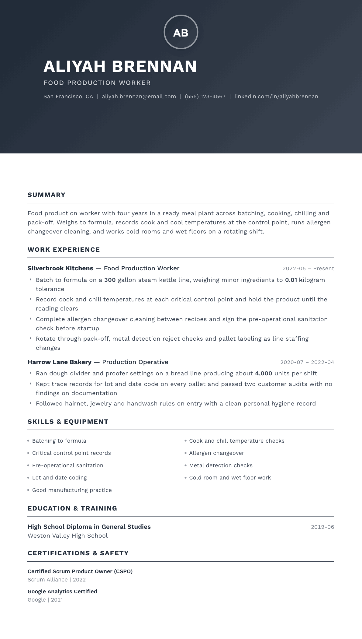 Food Production Worker resume example, Foundation template