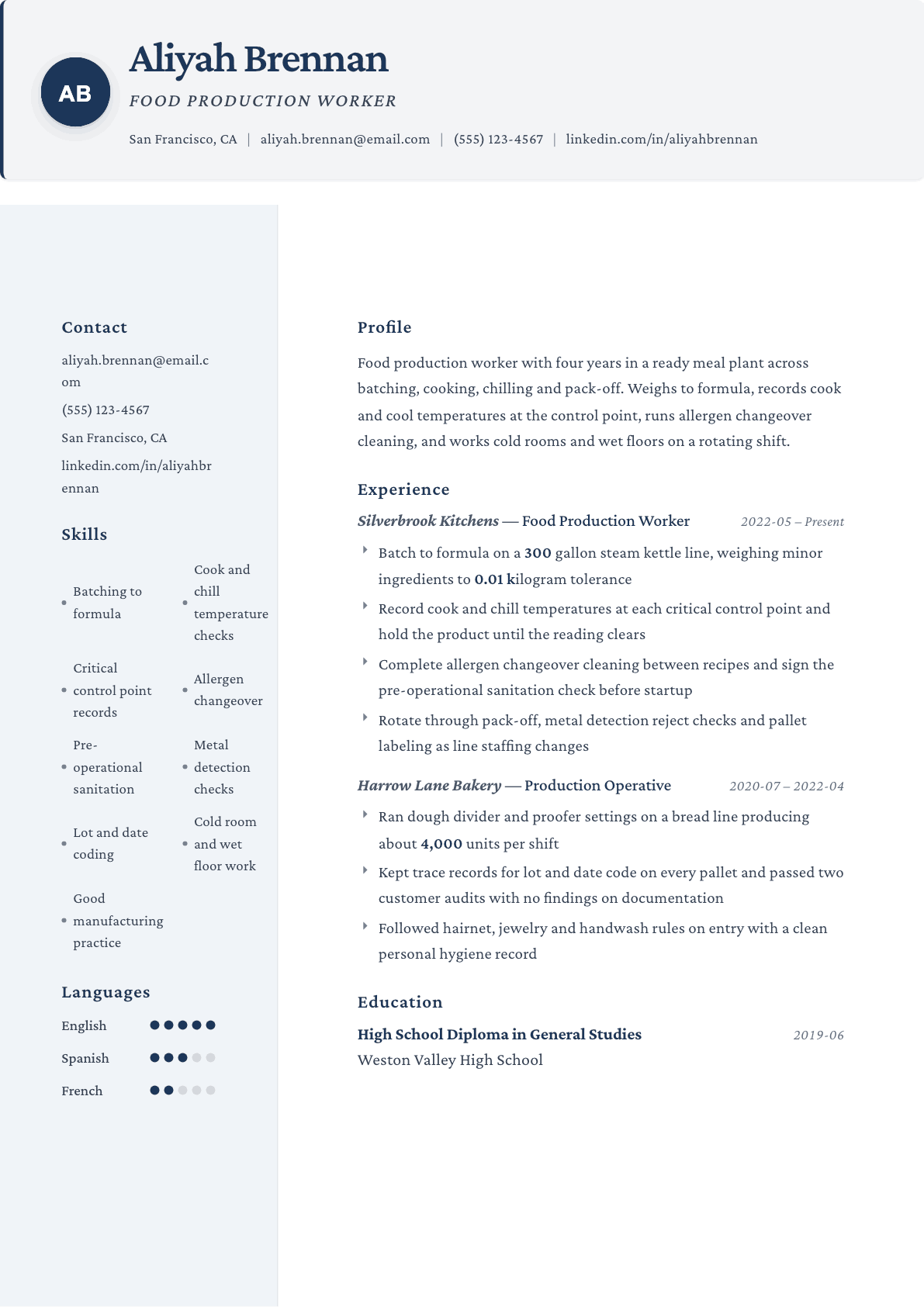 Food Production Worker resume example, Formal template