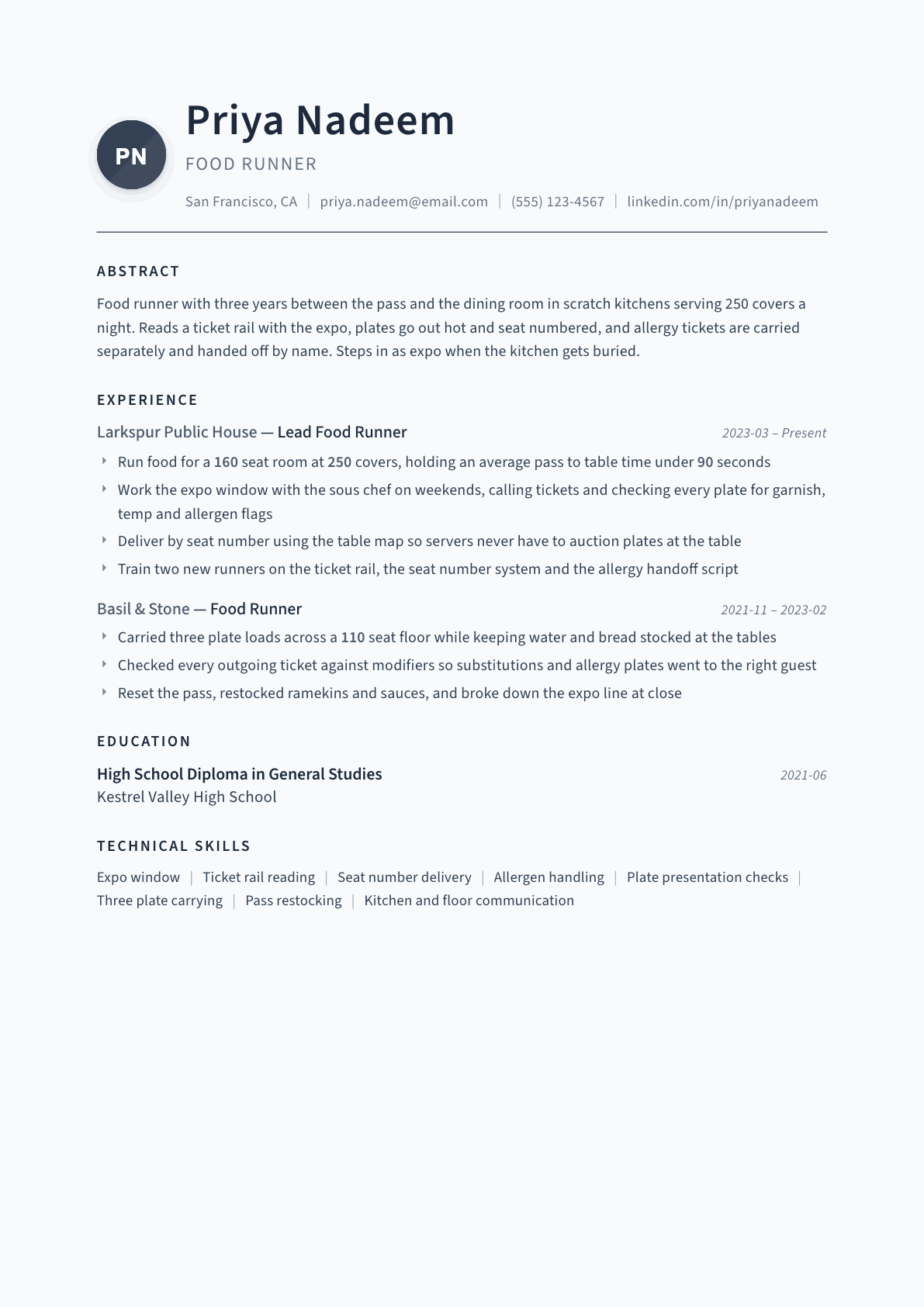 Food Runner resume example, Thesis template