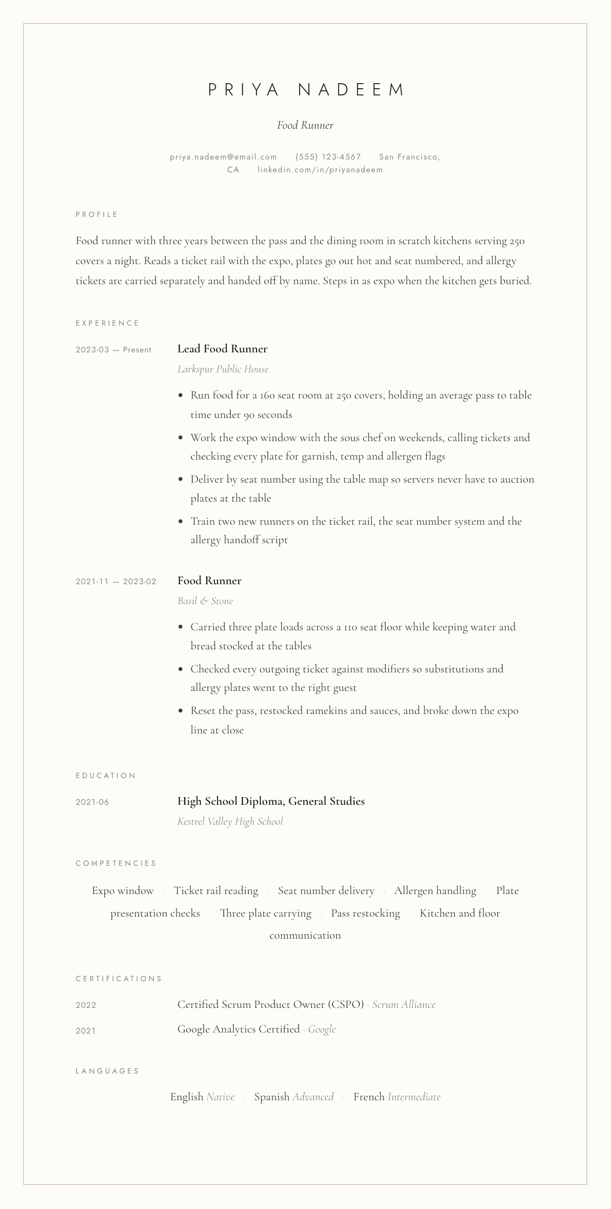 Food Runner resume example, Vellum template
