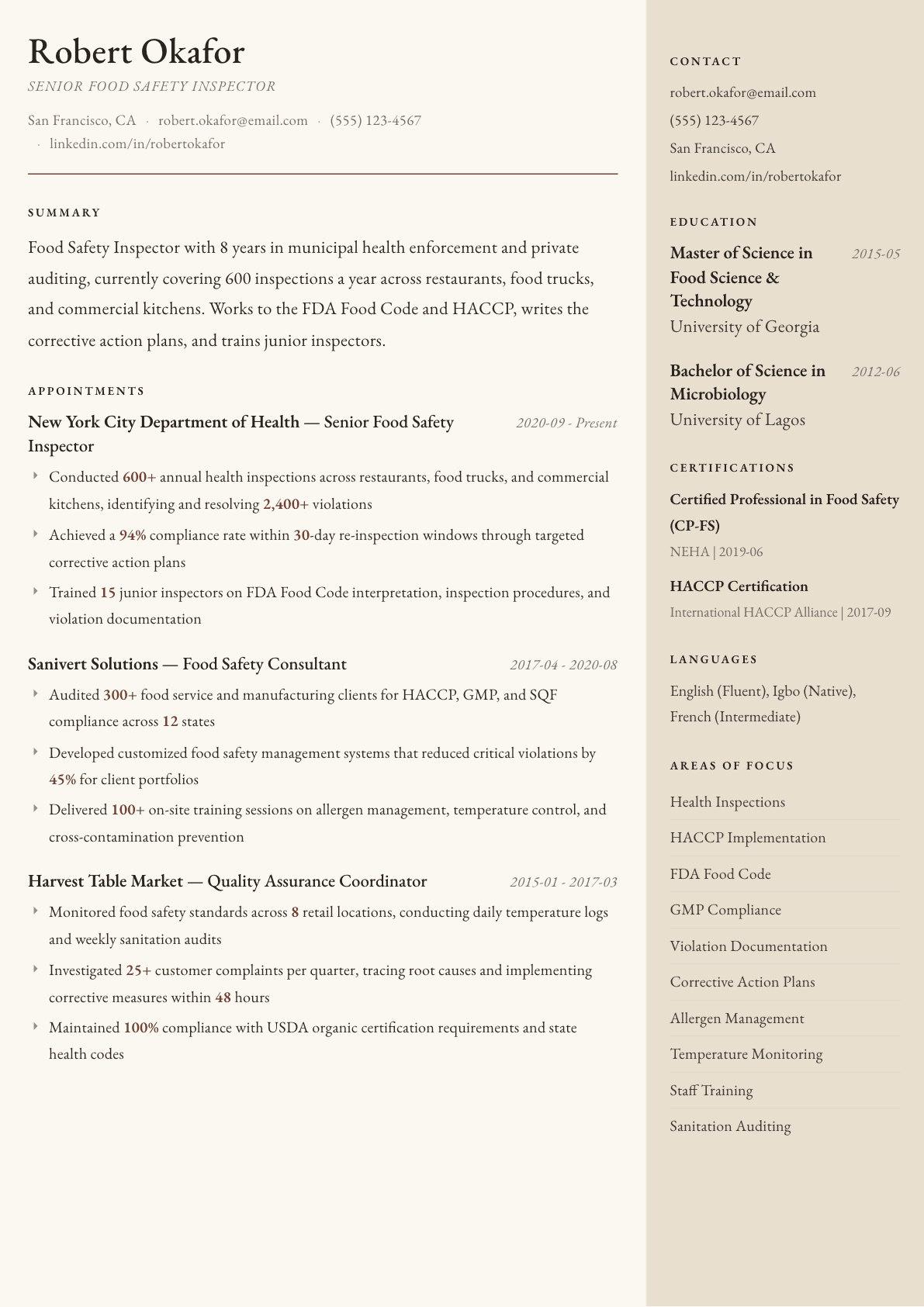 Food Safety Inspector resume example, Manuscript template