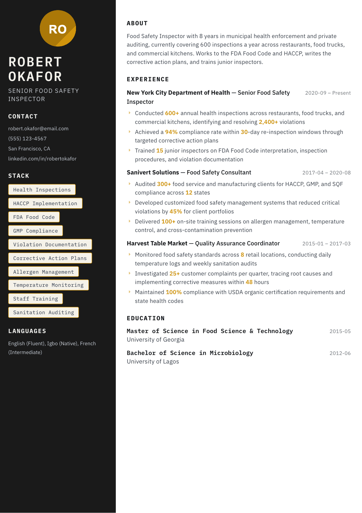 Food Safety Inspector resume example, Neon template