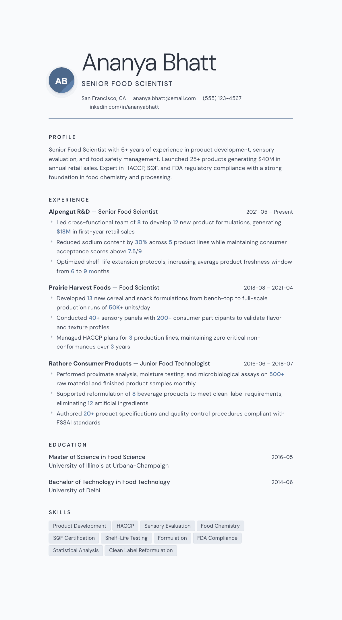 Food Scientist resume example, Nordic template