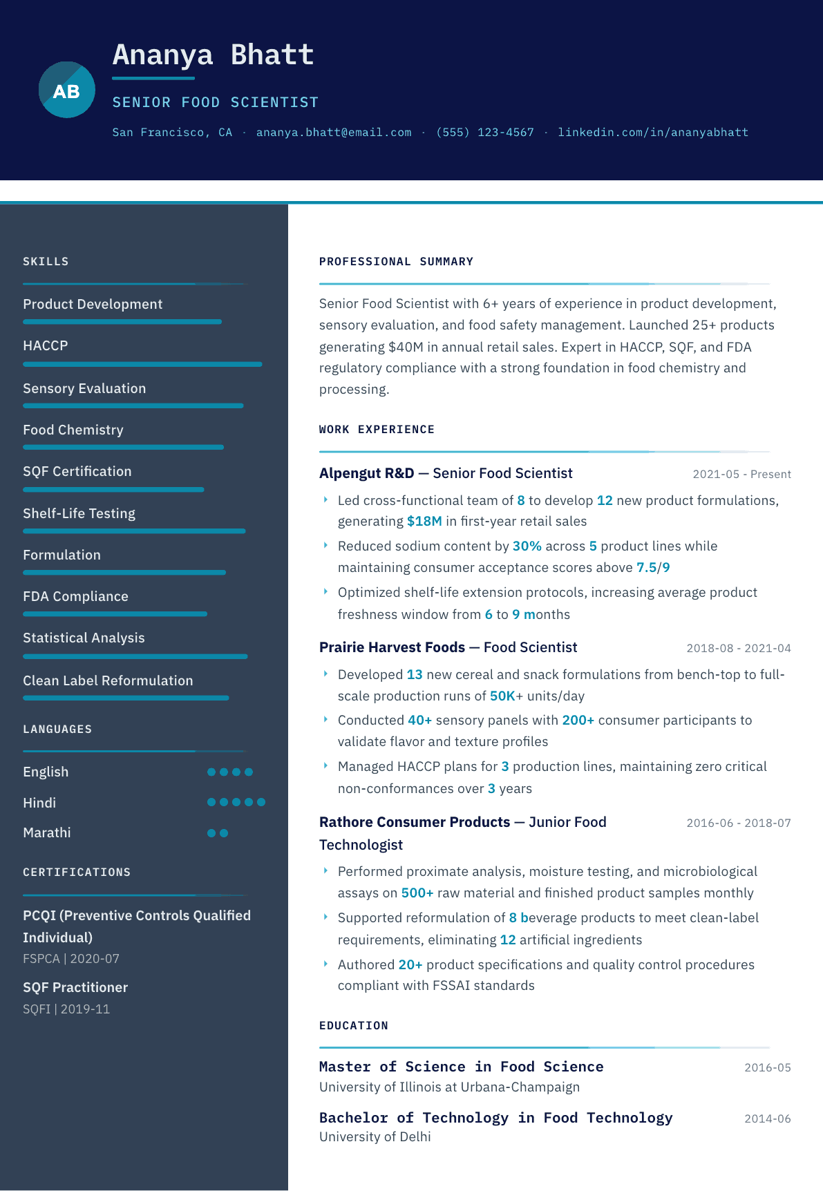 Food Scientist resume example, Atlas template
