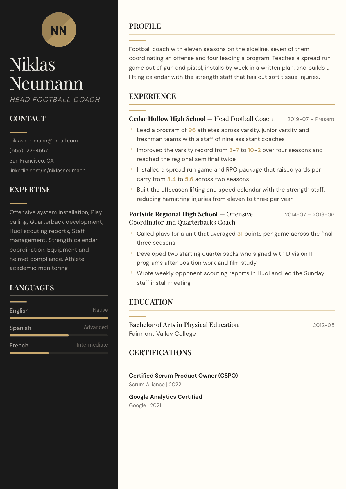 Football Coach resume example, Obsidian template