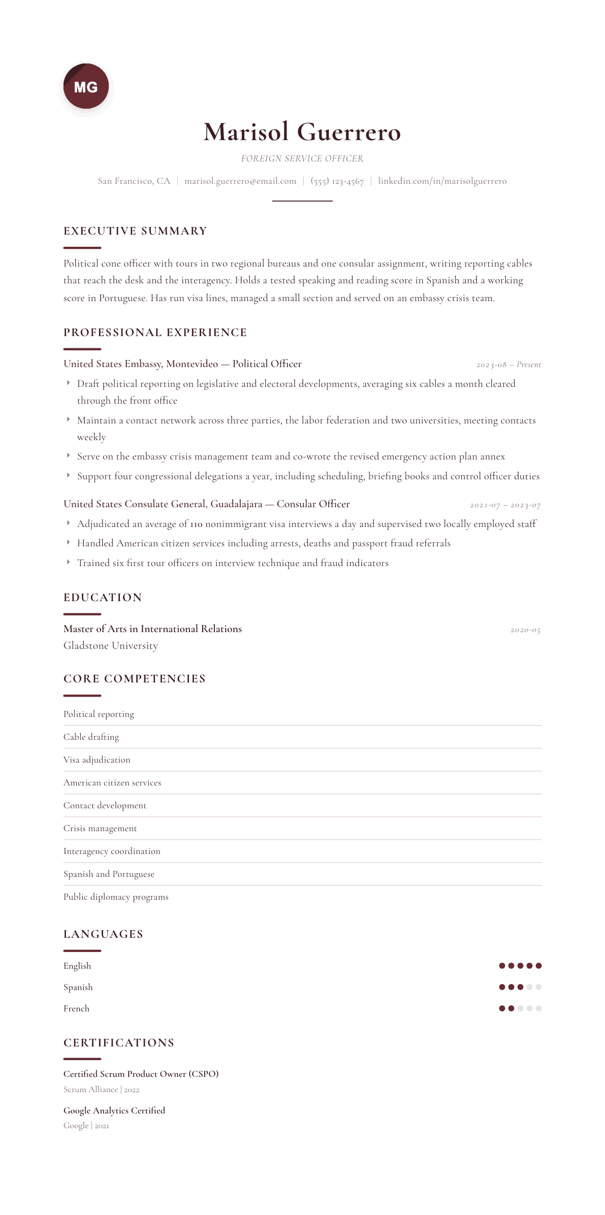 Foreign Service Officer resume example, Diplomat template