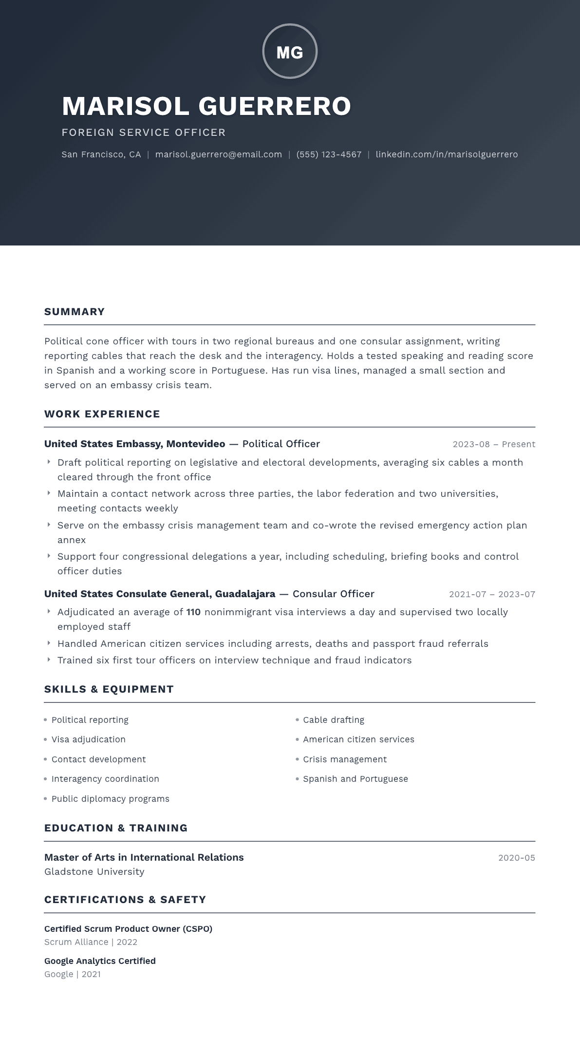 Foreign Service Officer resume example, Foundation template