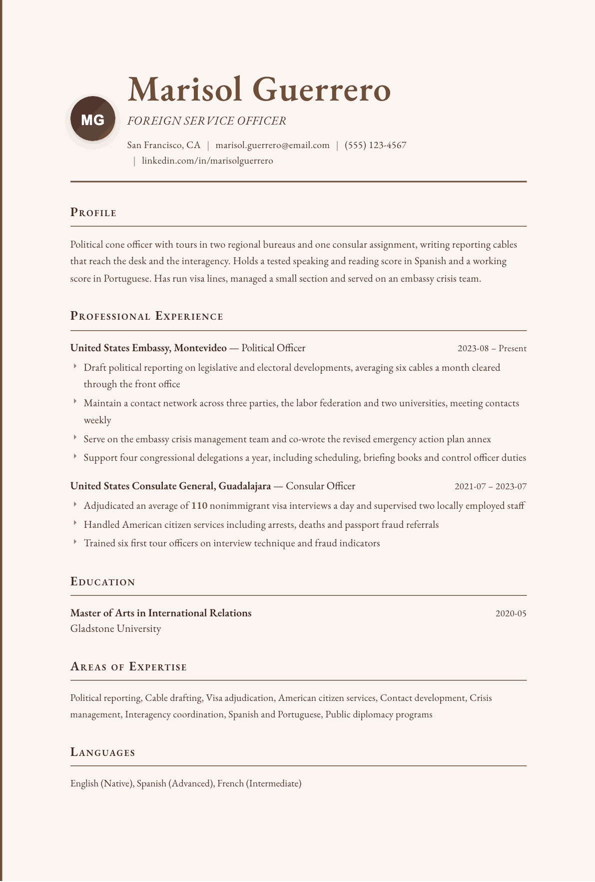 Foreign Service Officer resume example, Vintage template