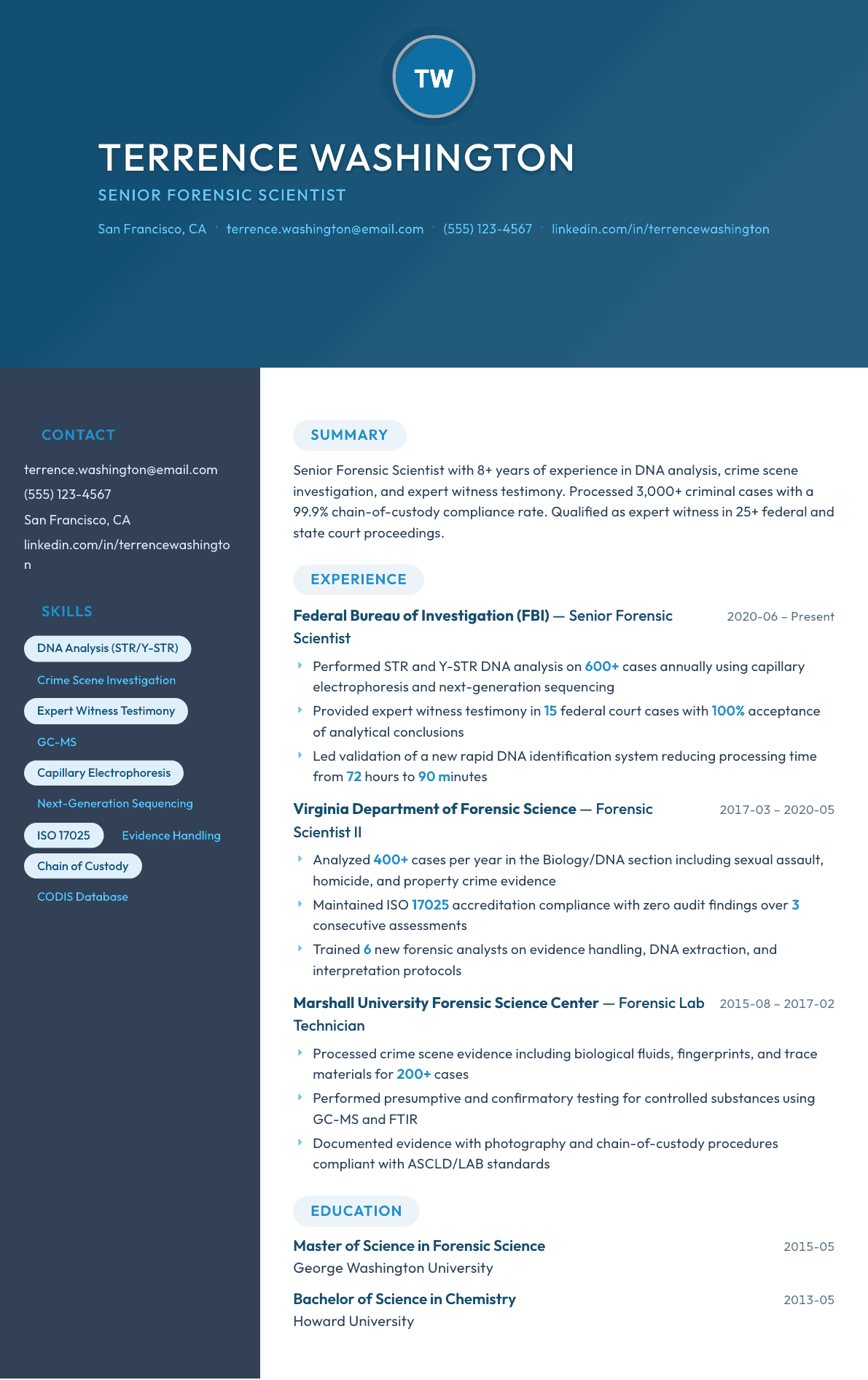 Forensic Scientist resume example, Nexus template