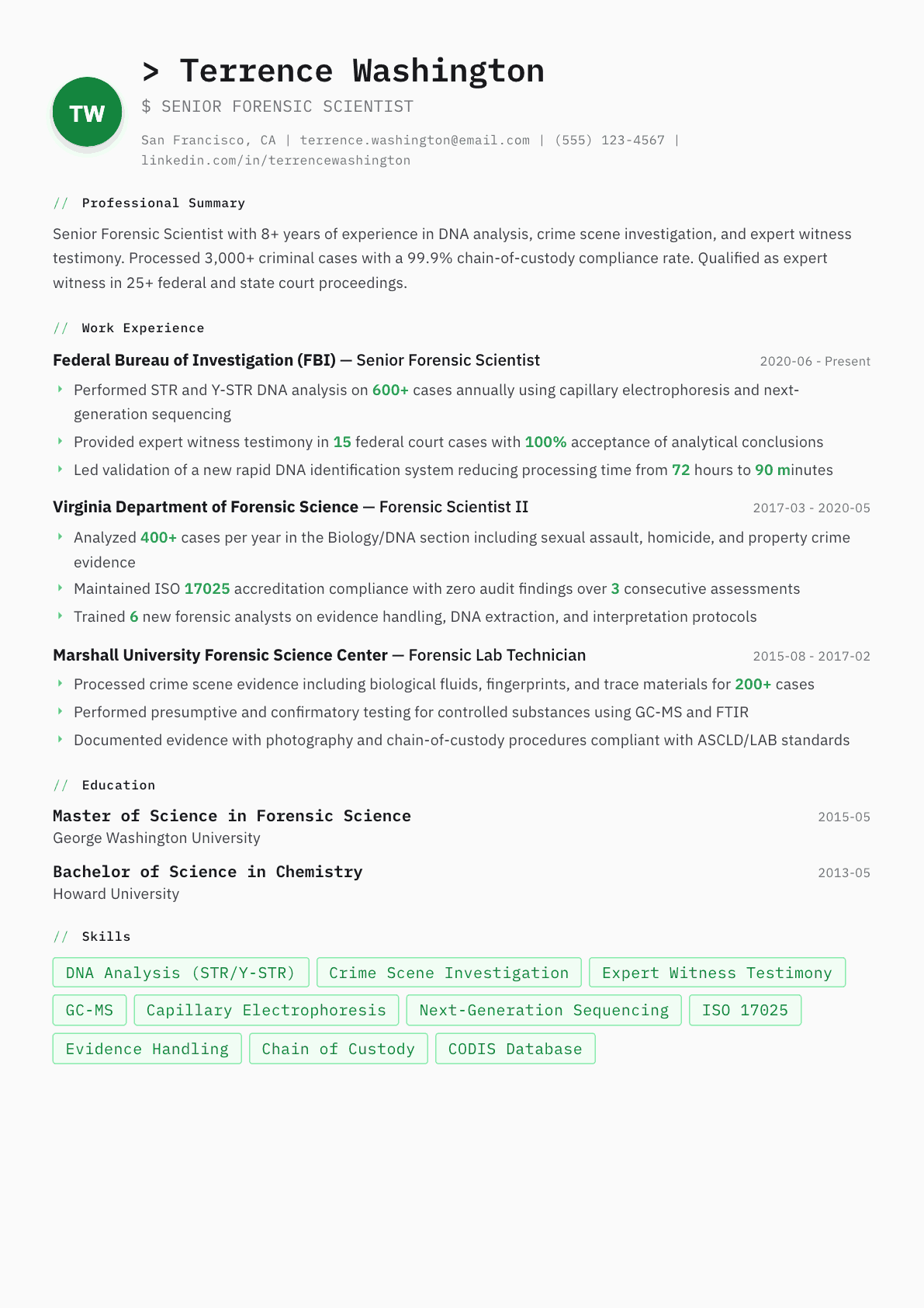Forensic Scientist resume example, Amsterdam template