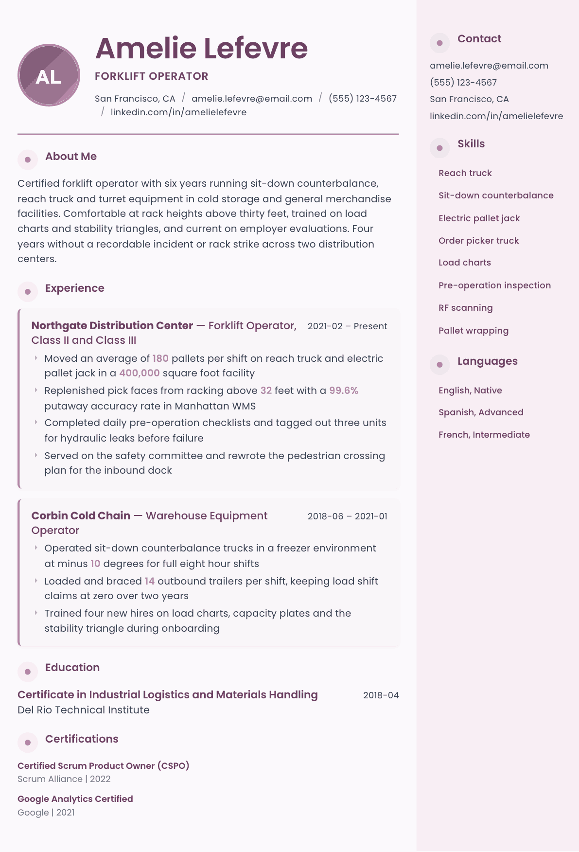 Forklift Operator resume example, Bloom template