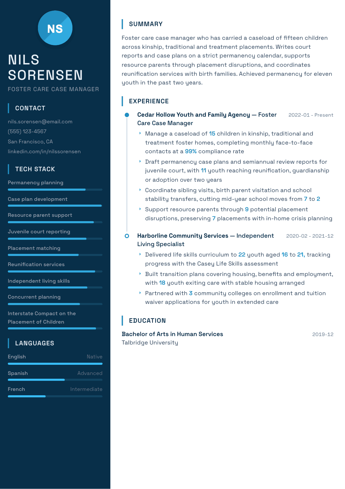 Foster Care Case Manager resume example, Circuit template