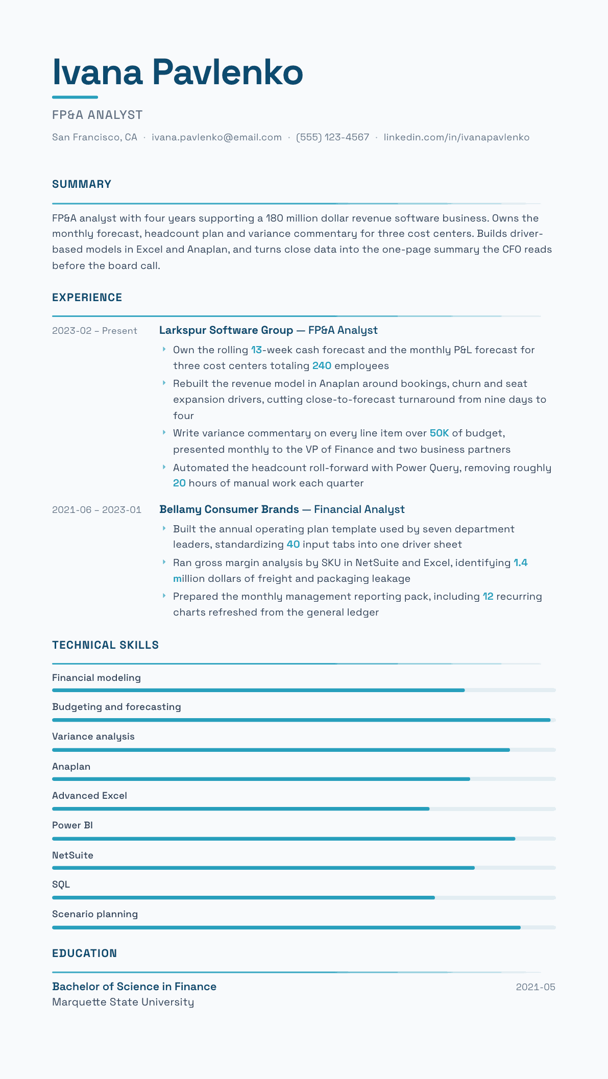 FP&A Analyst resume example, Velocity template
