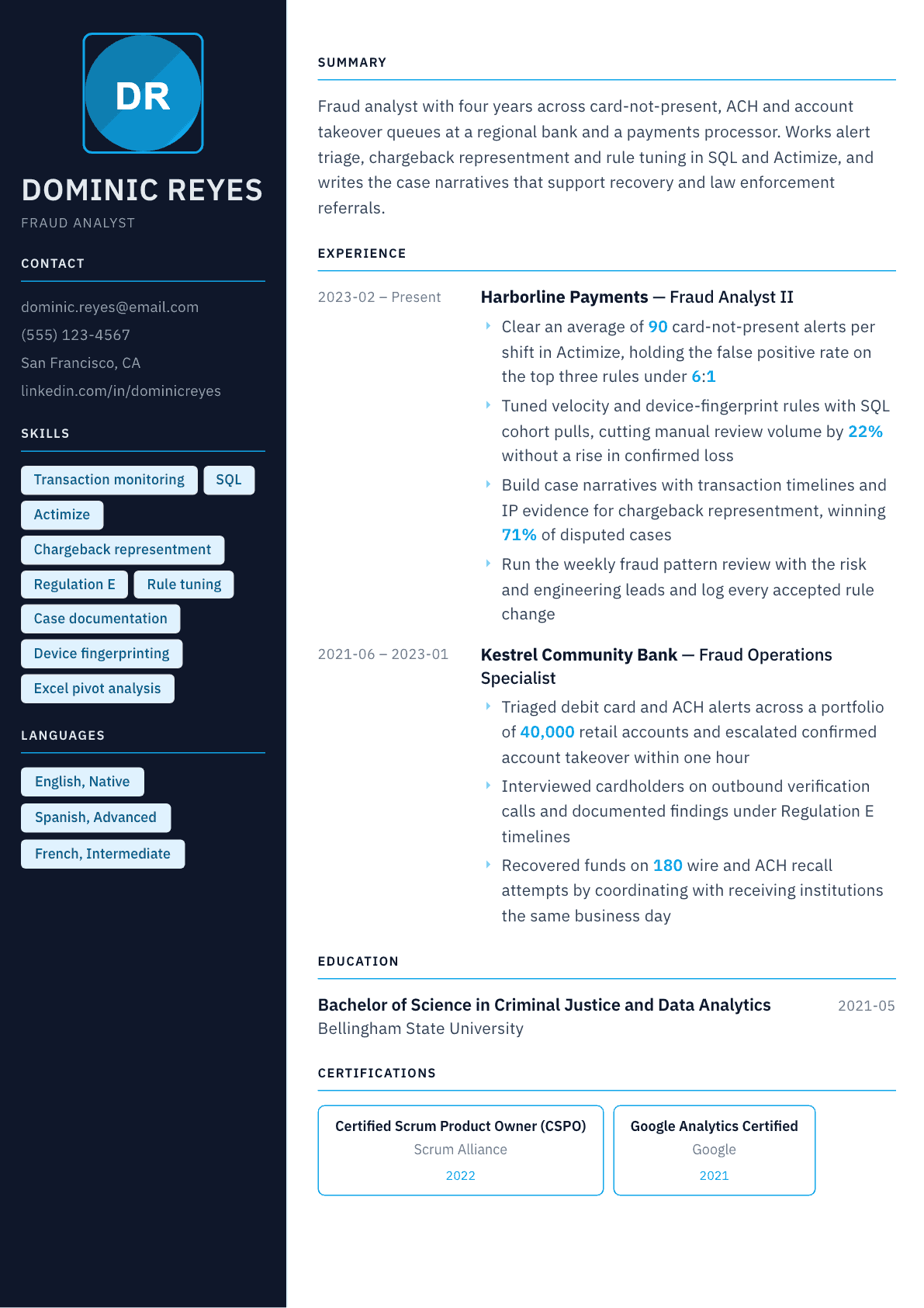 Fraud Analyst resume example, Everest template