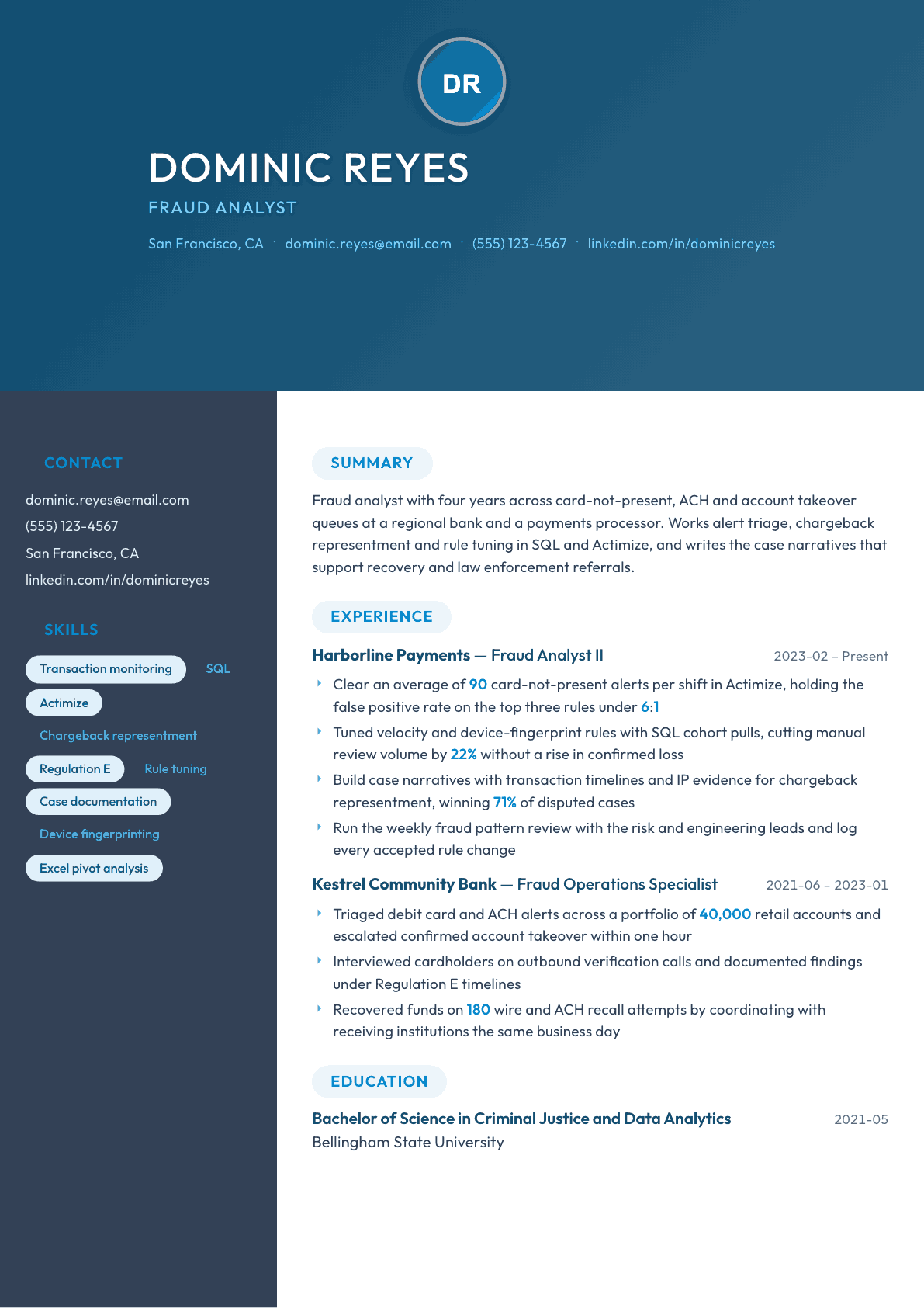 Fraud Analyst resume example, Nexus template