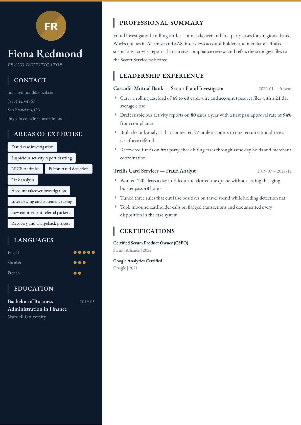 Fraud Investigator resume example, Presidio template
