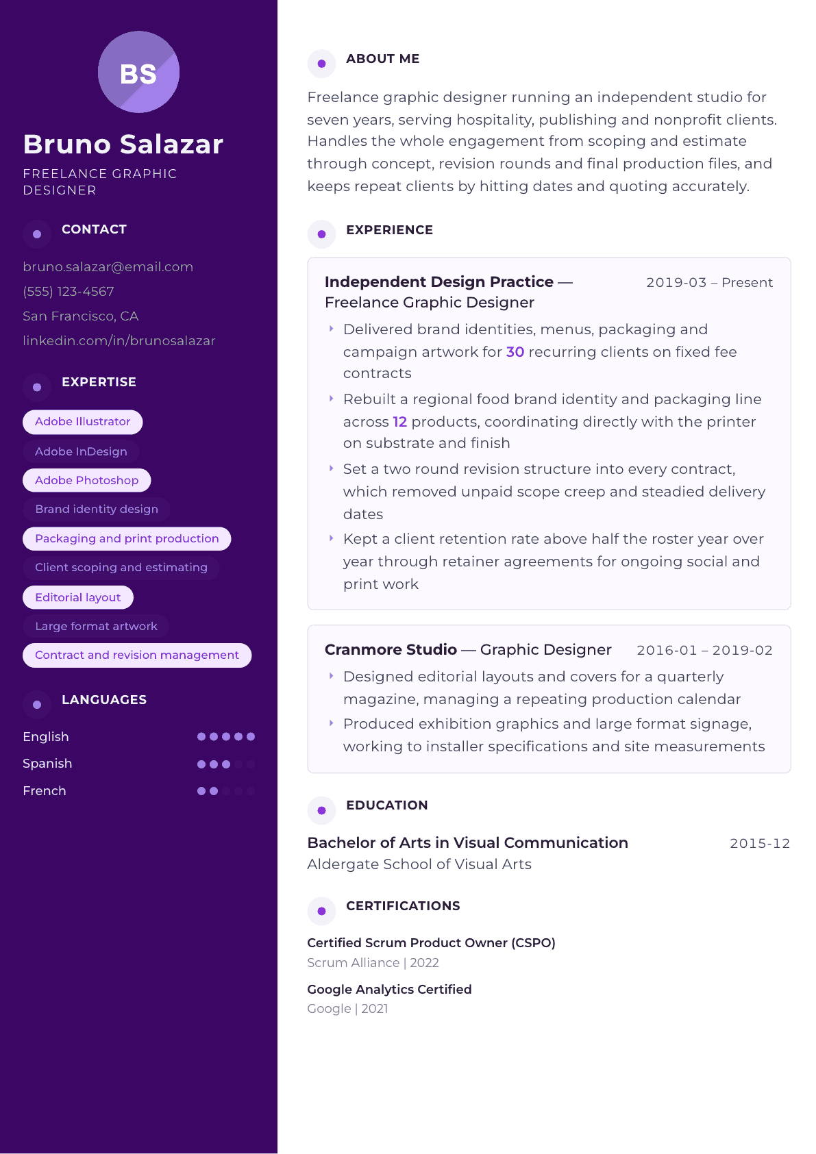 Freelance Graphic Designer resume example, Palette template