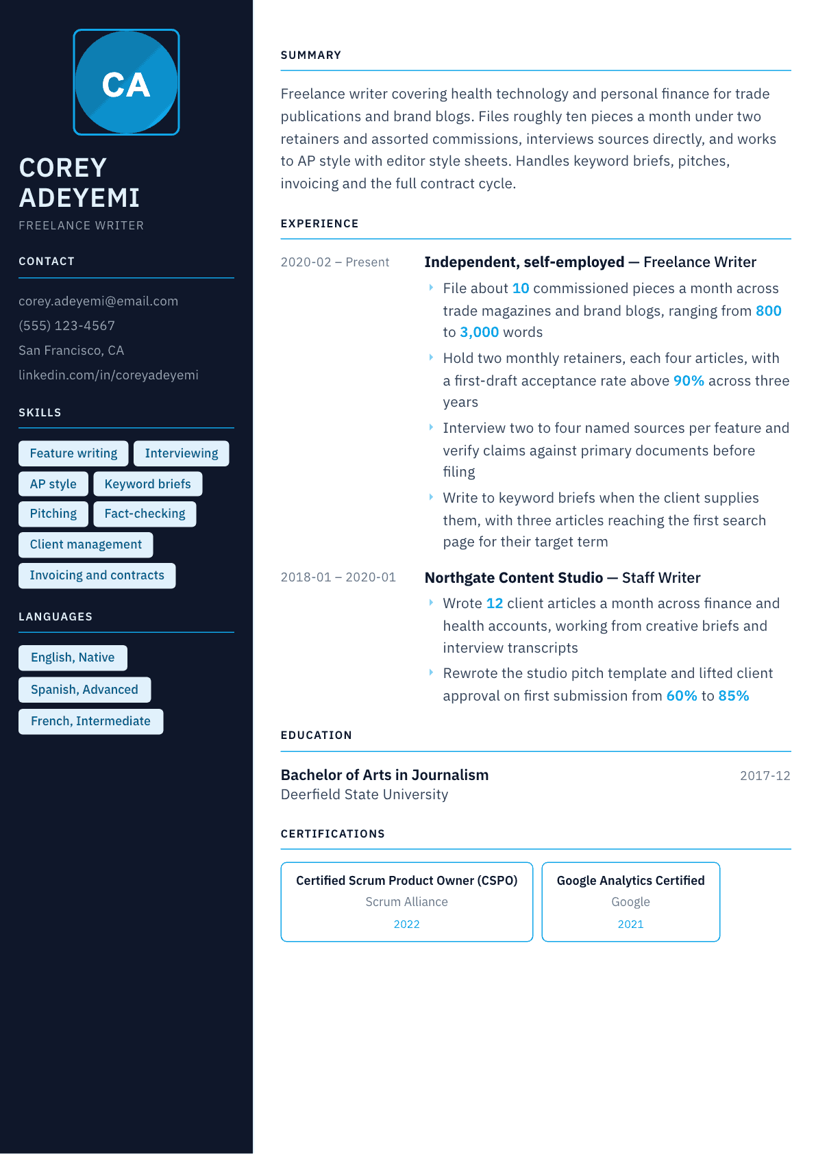 Freelance Writer resume example, Everest template