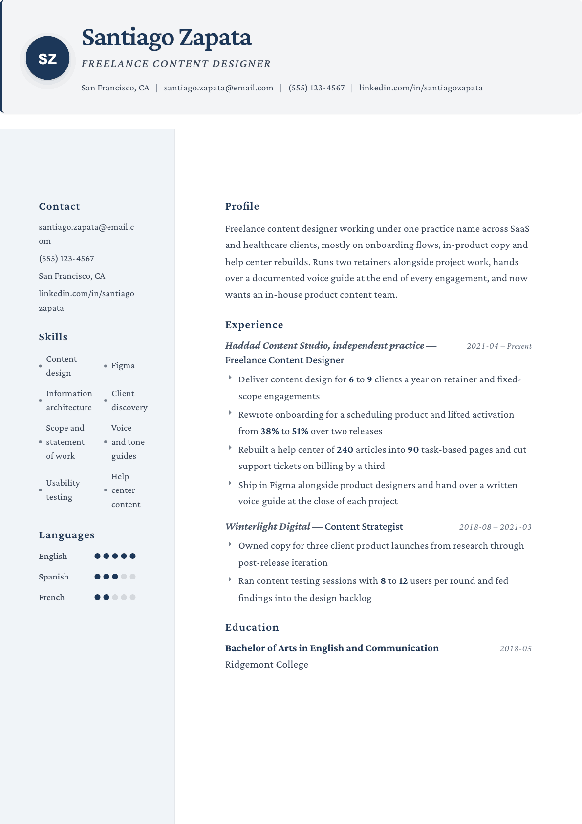 Freelancer resume example, Formal template