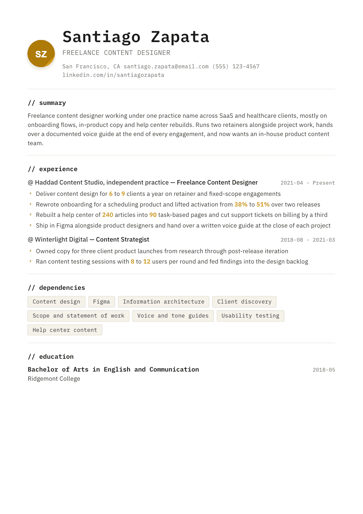 Freelancer resume example, Terminal template