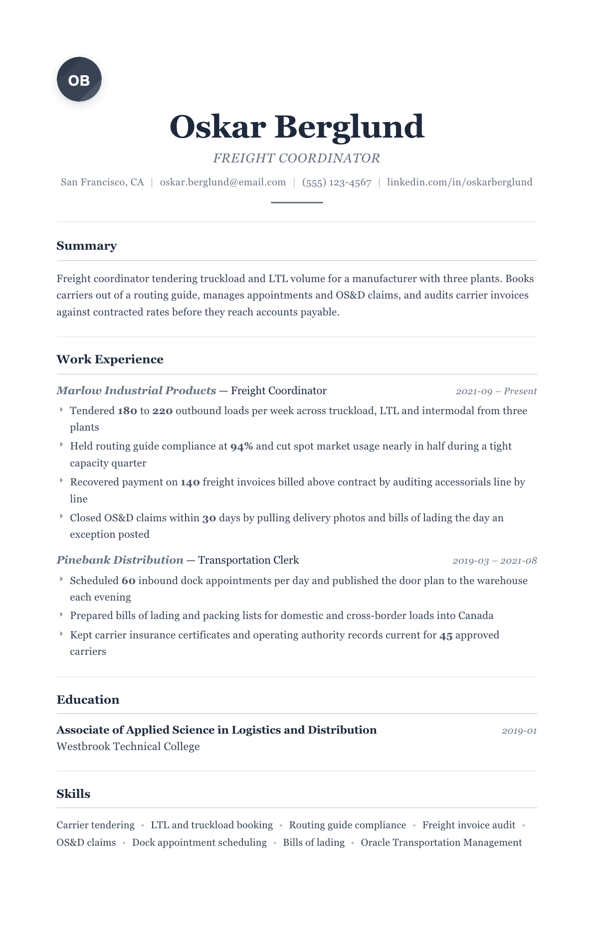 Freight Coordinator resume example, Classic template