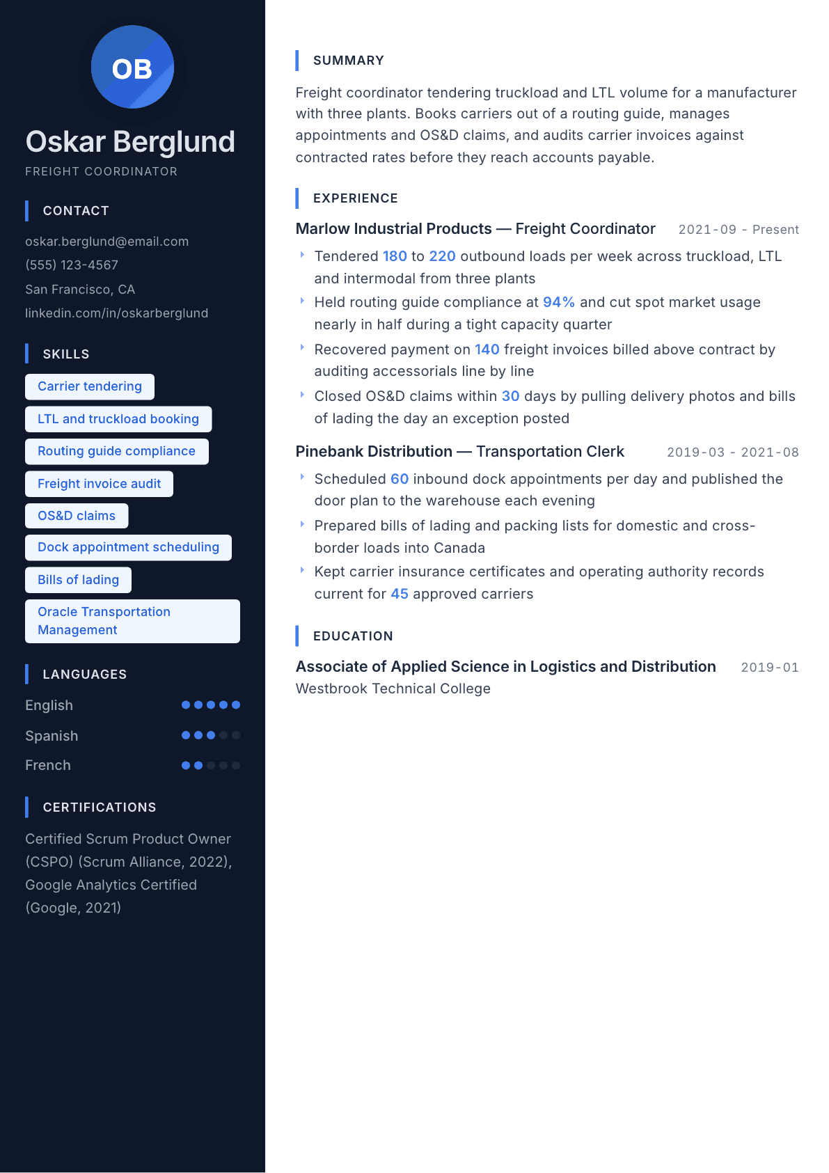 Freight Coordinator resume example, Midnight Sapphire template