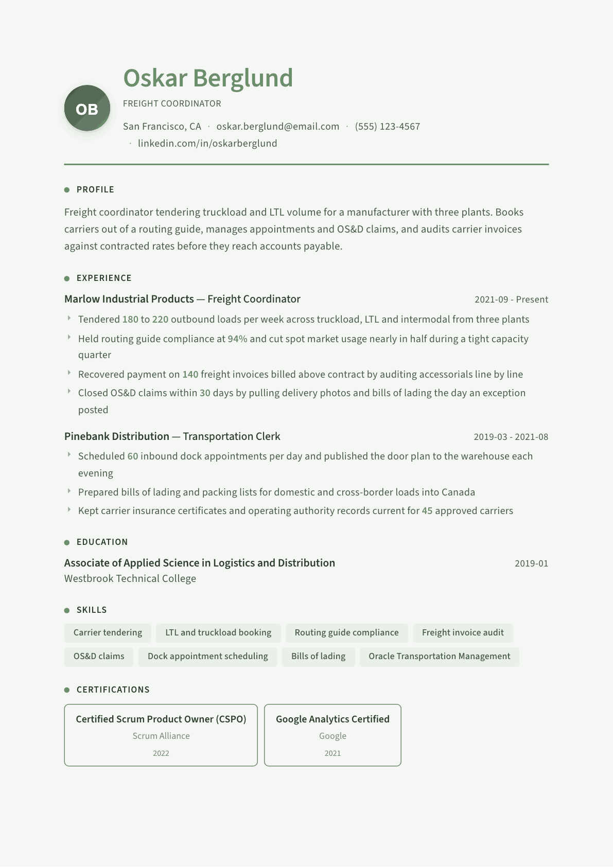 Freight Coordinator resume example, Sage Garden template