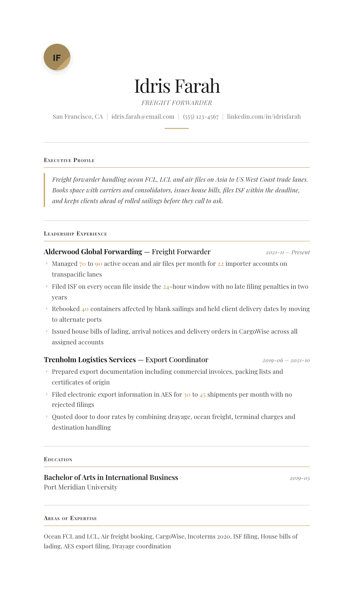 Freight Forwarder resume example, Chancellor template