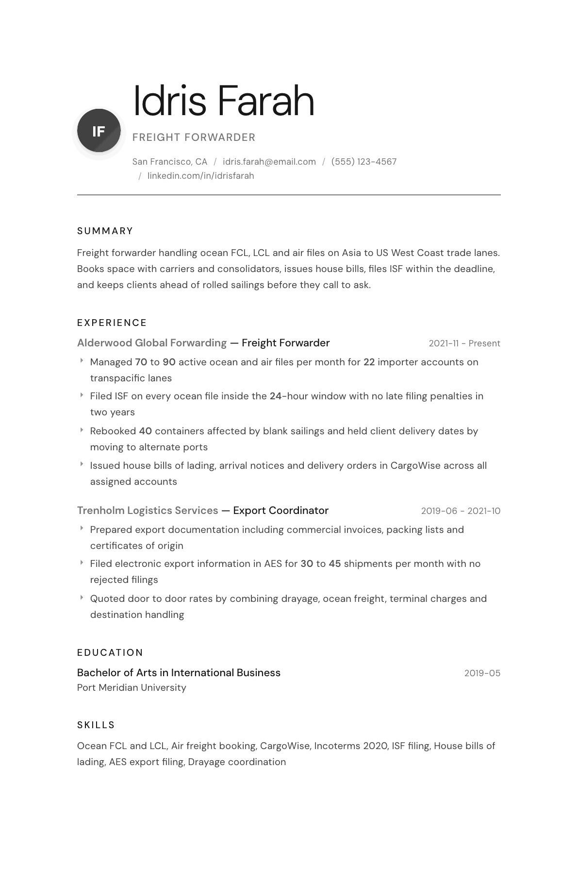 Freight Forwarder resume example, Whisper template