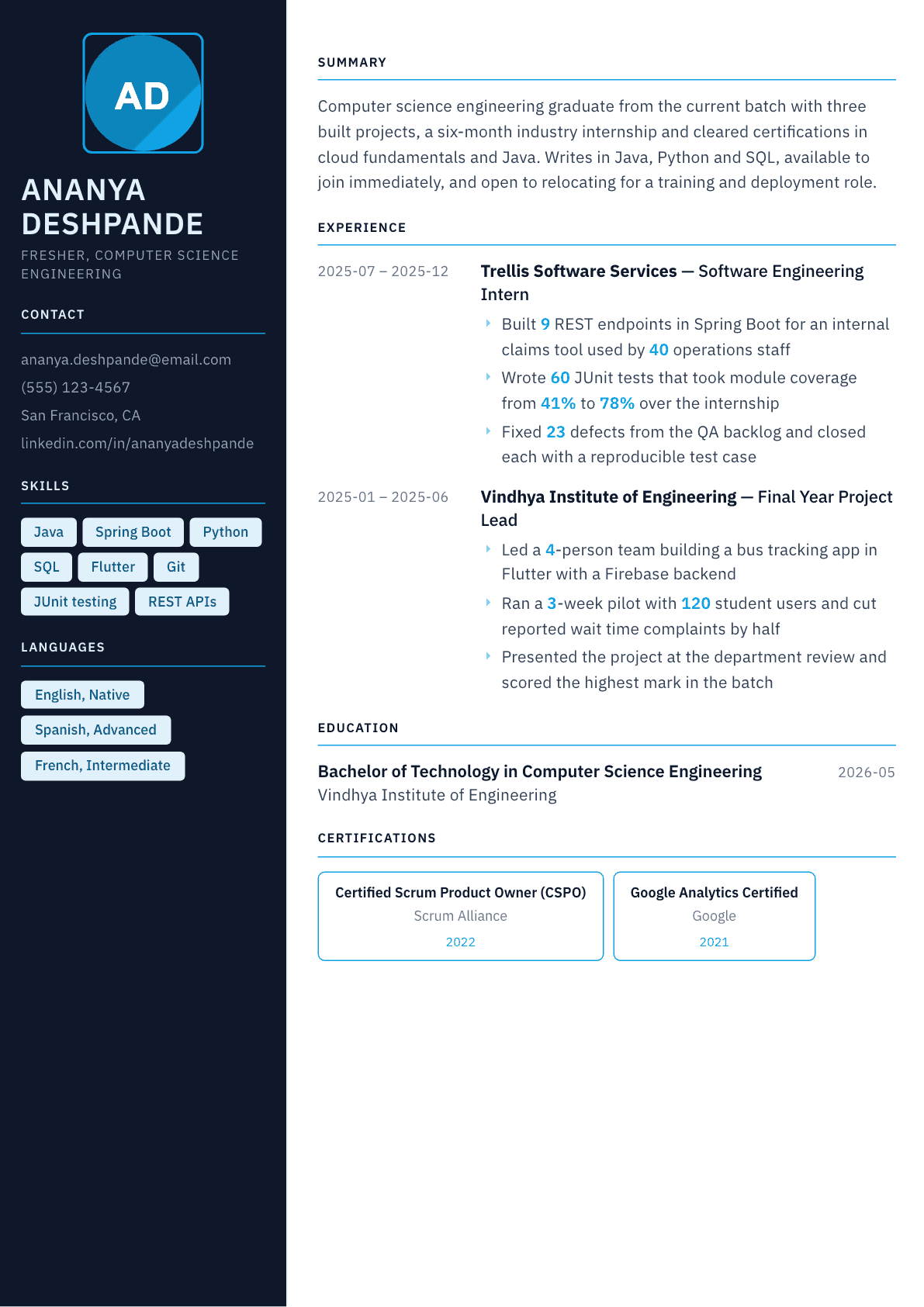 Fresher resume example, Everest template