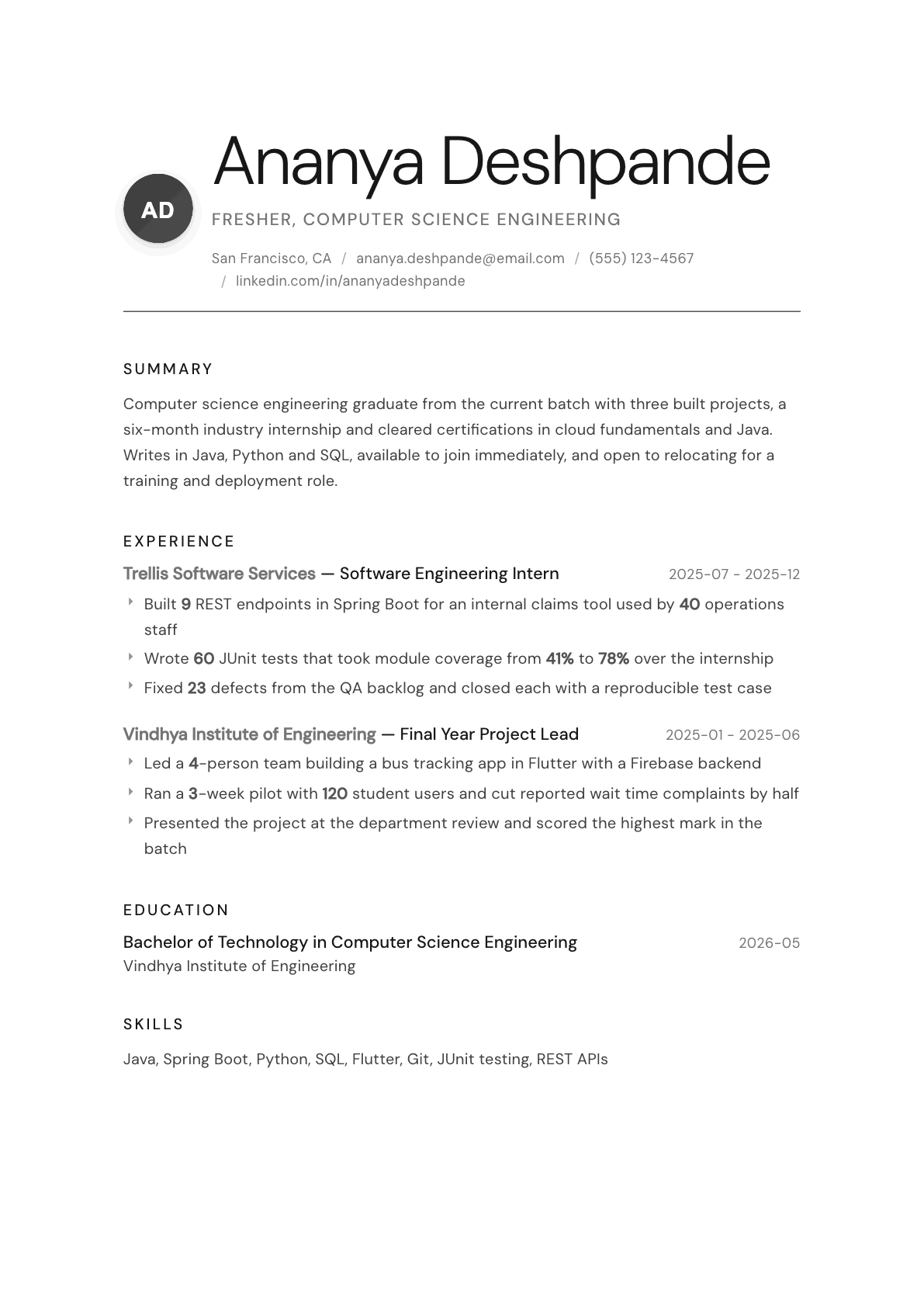 Fresher resume example, Whisper template