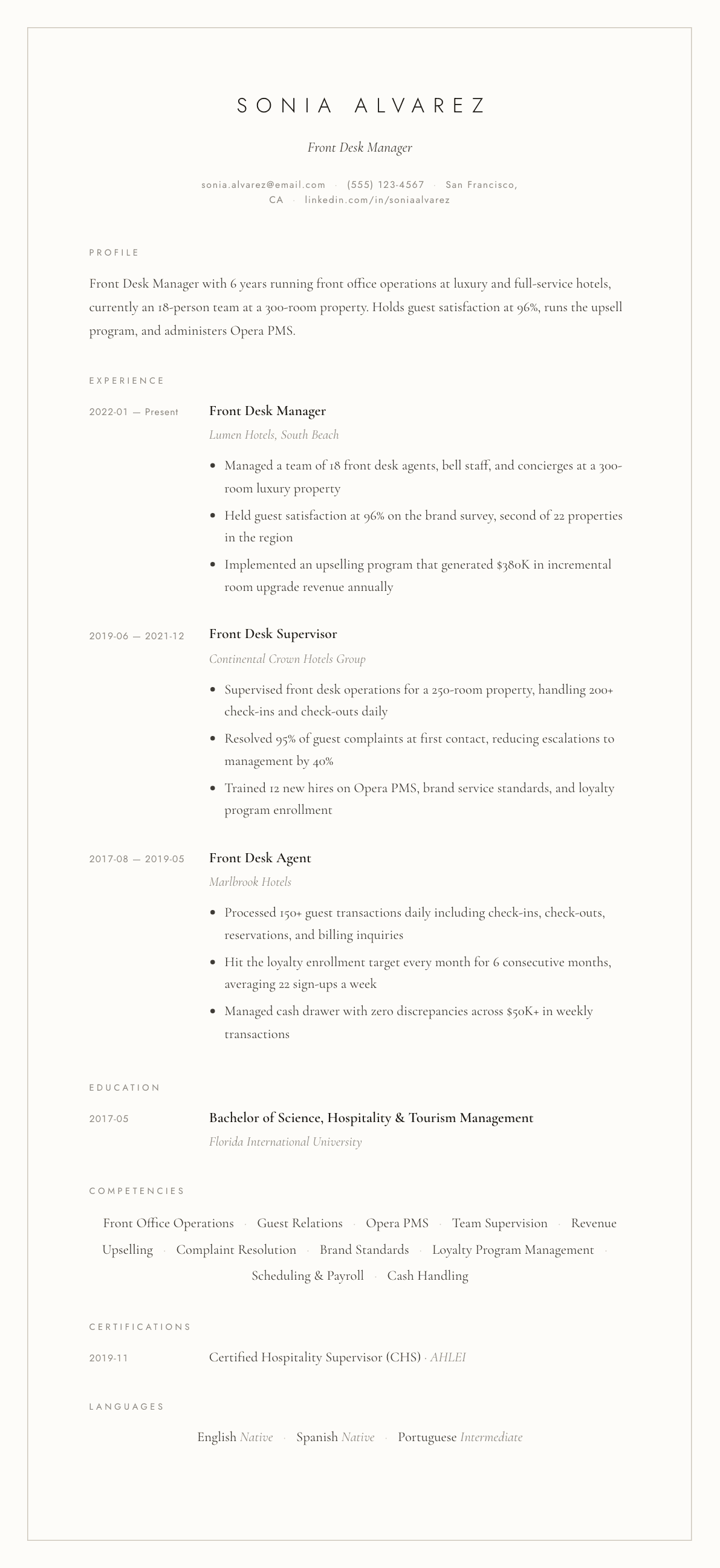 Front Desk Manager resume example, Vellum template