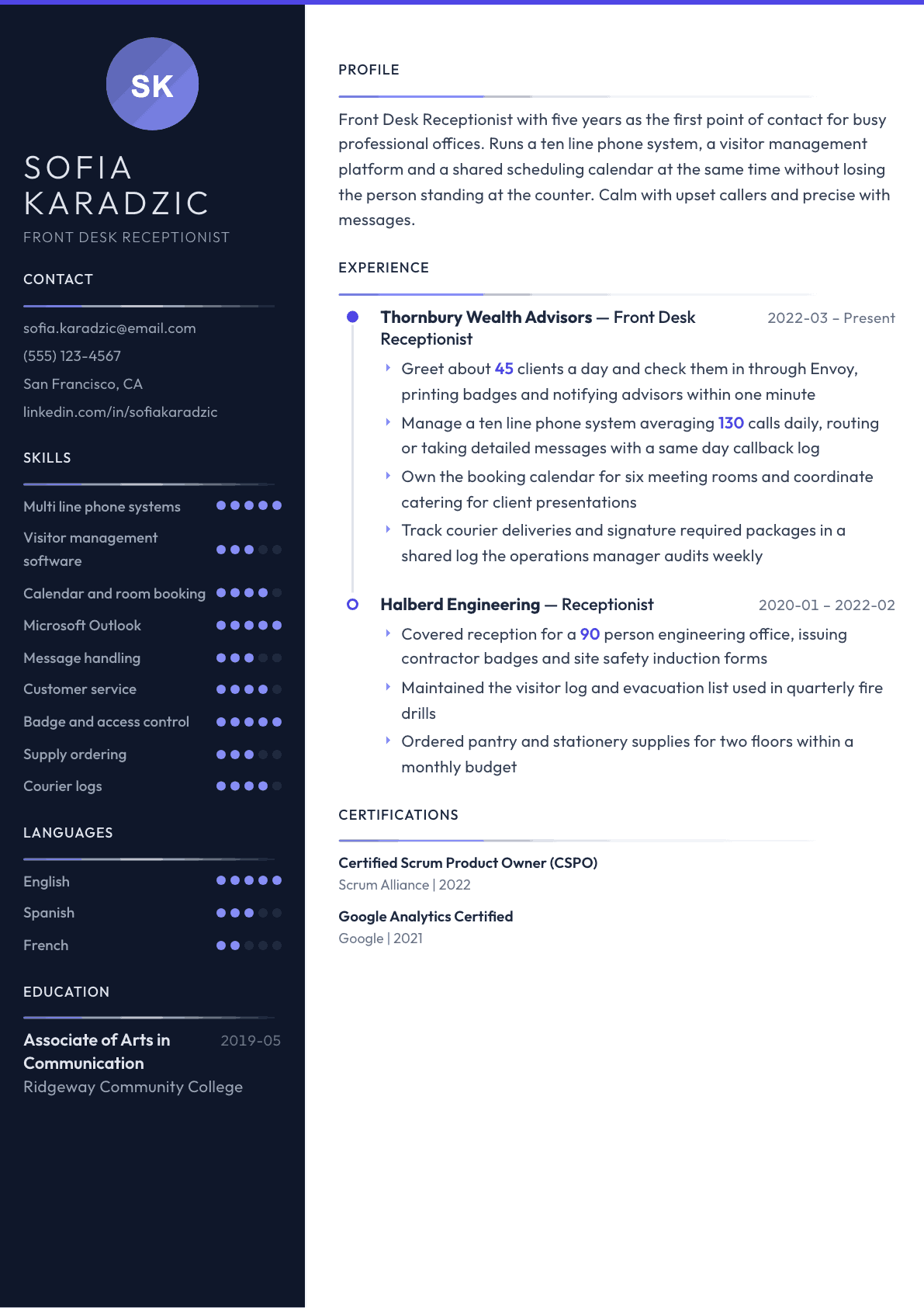 Front Desk Receptionist resume example, Zenith template