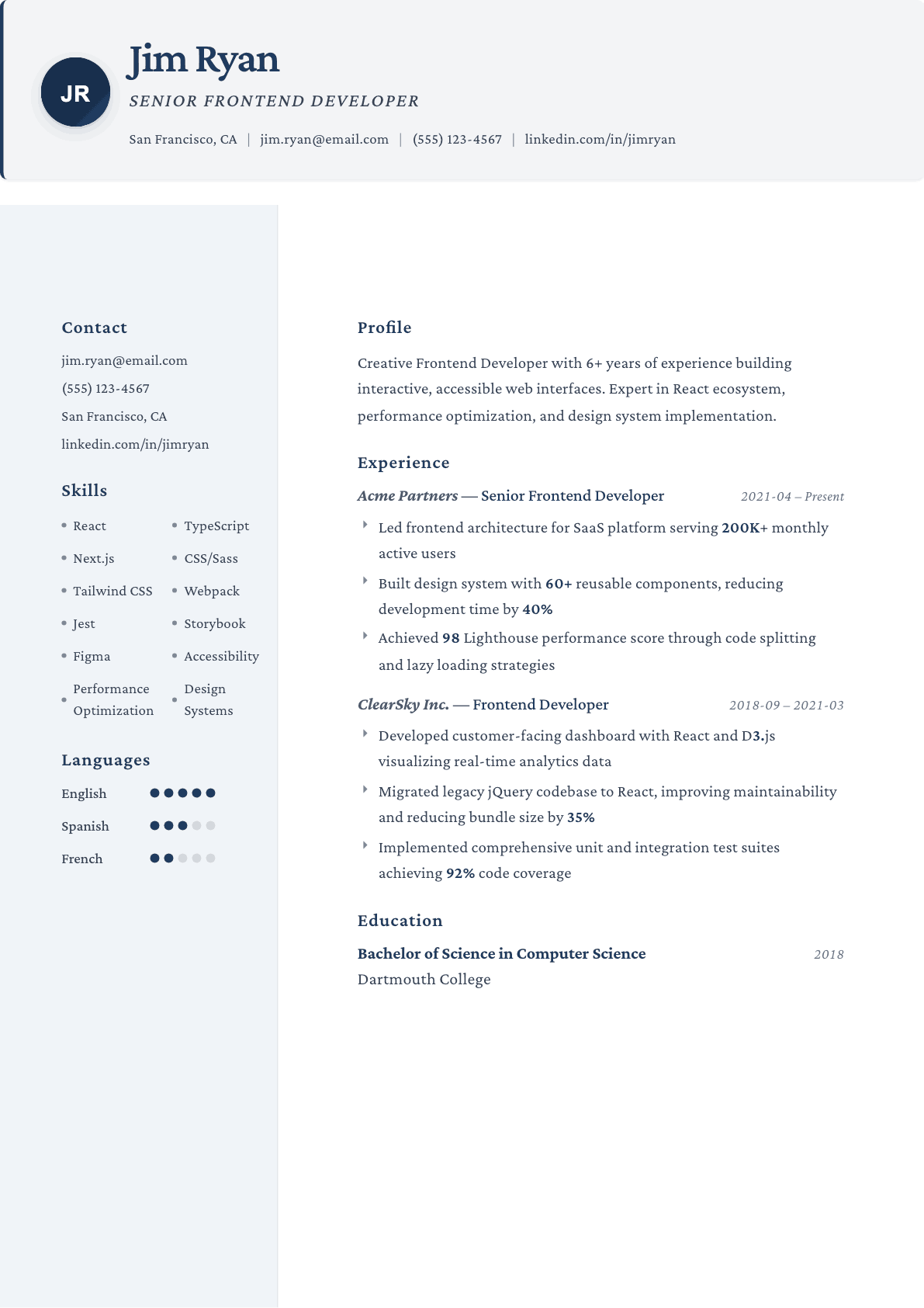 Frontend Developer resume example, Formal template