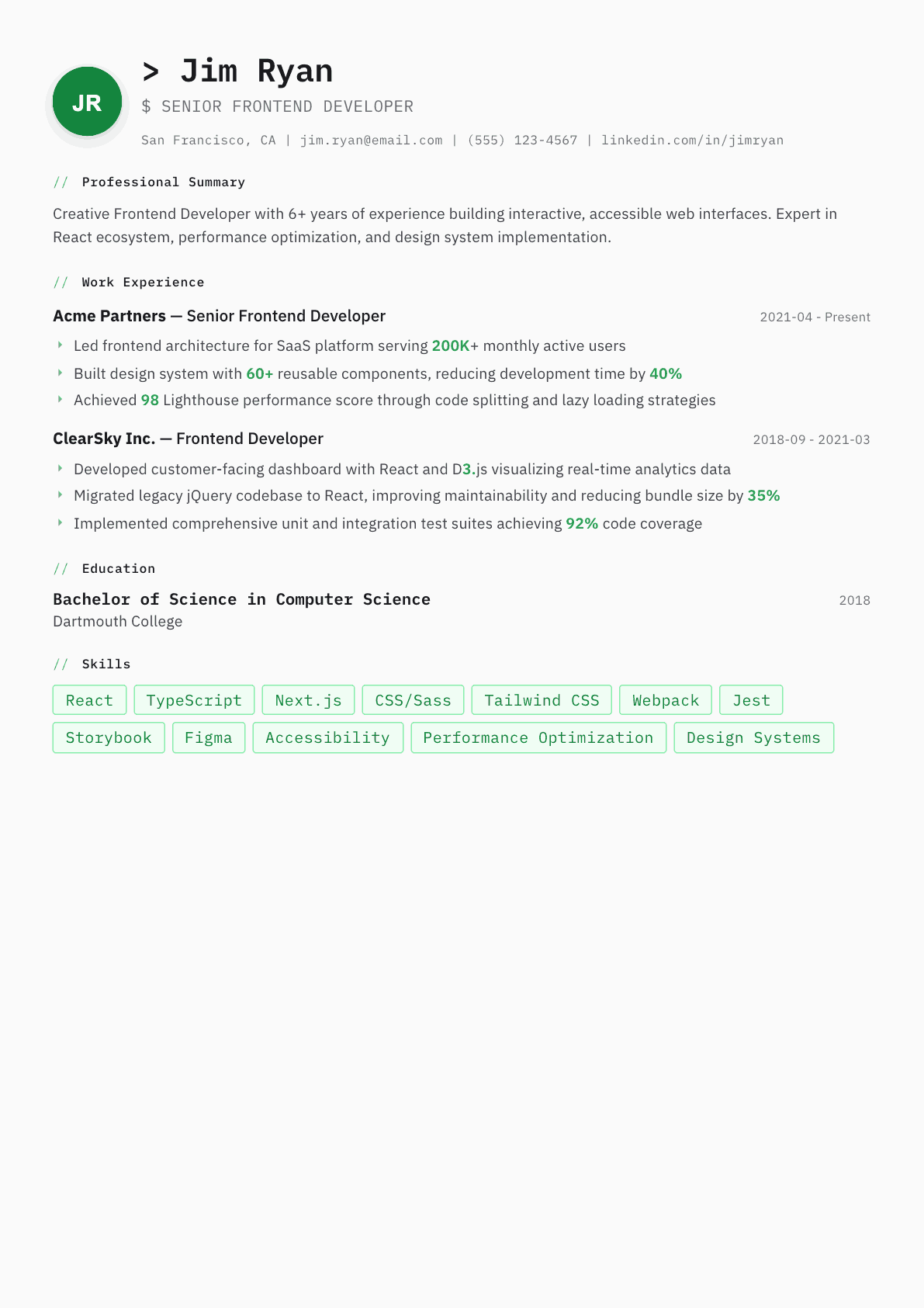 Frontend Developer resume example, Amsterdam template