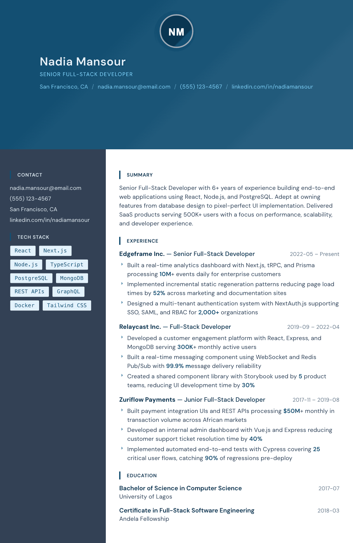 Full-Stack Developer resume example, Prism template