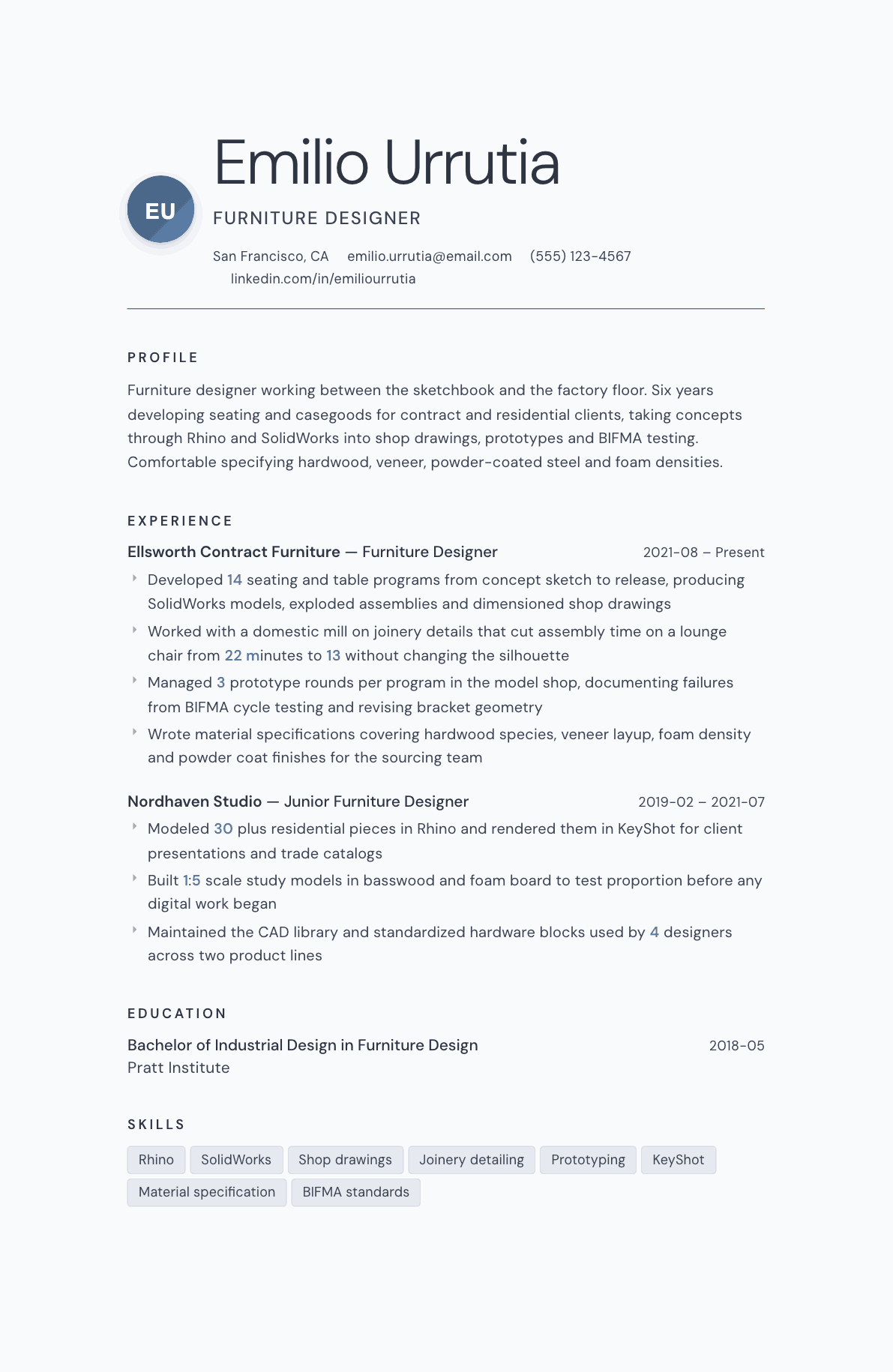 Furniture Designer resume example, Nordic template