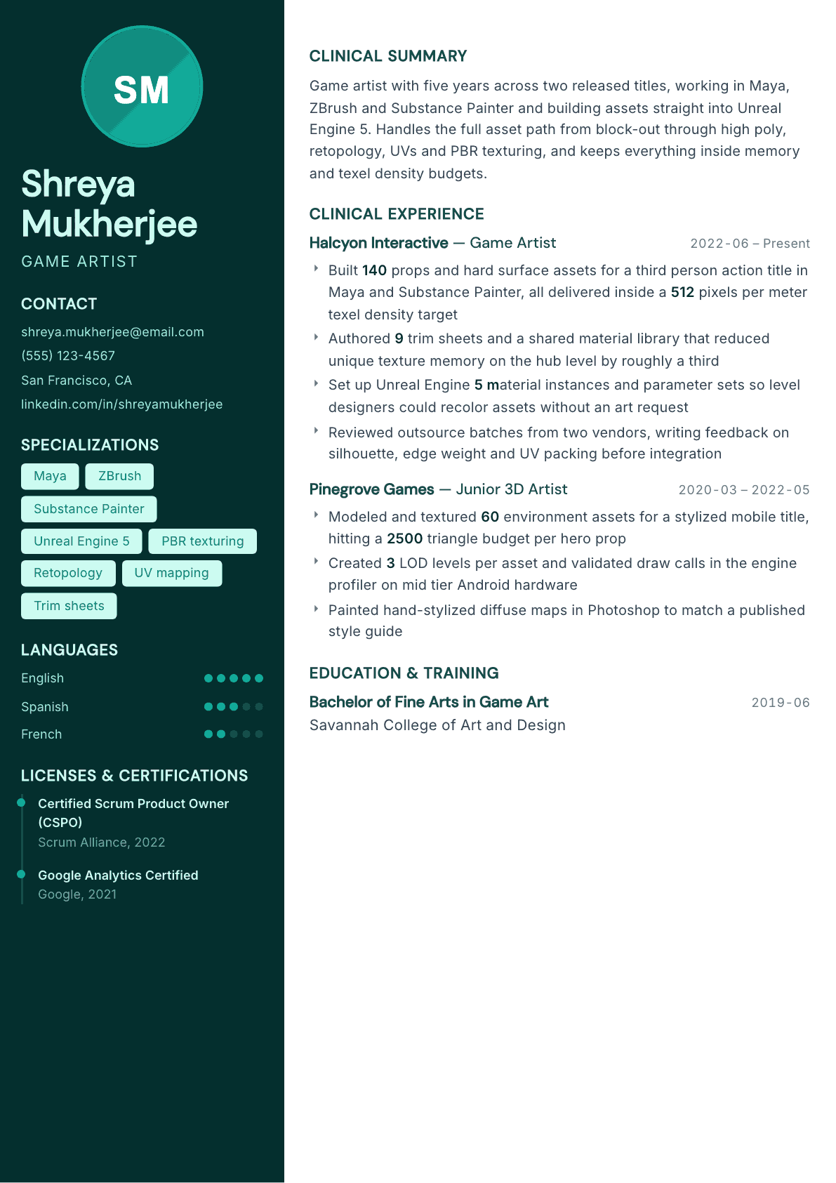 Game Artist resume example, Vitalis template