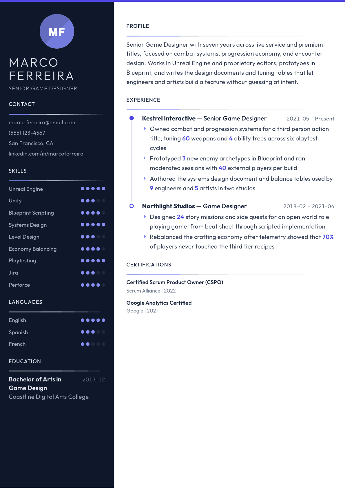 Game Designer resume example, Zenith template