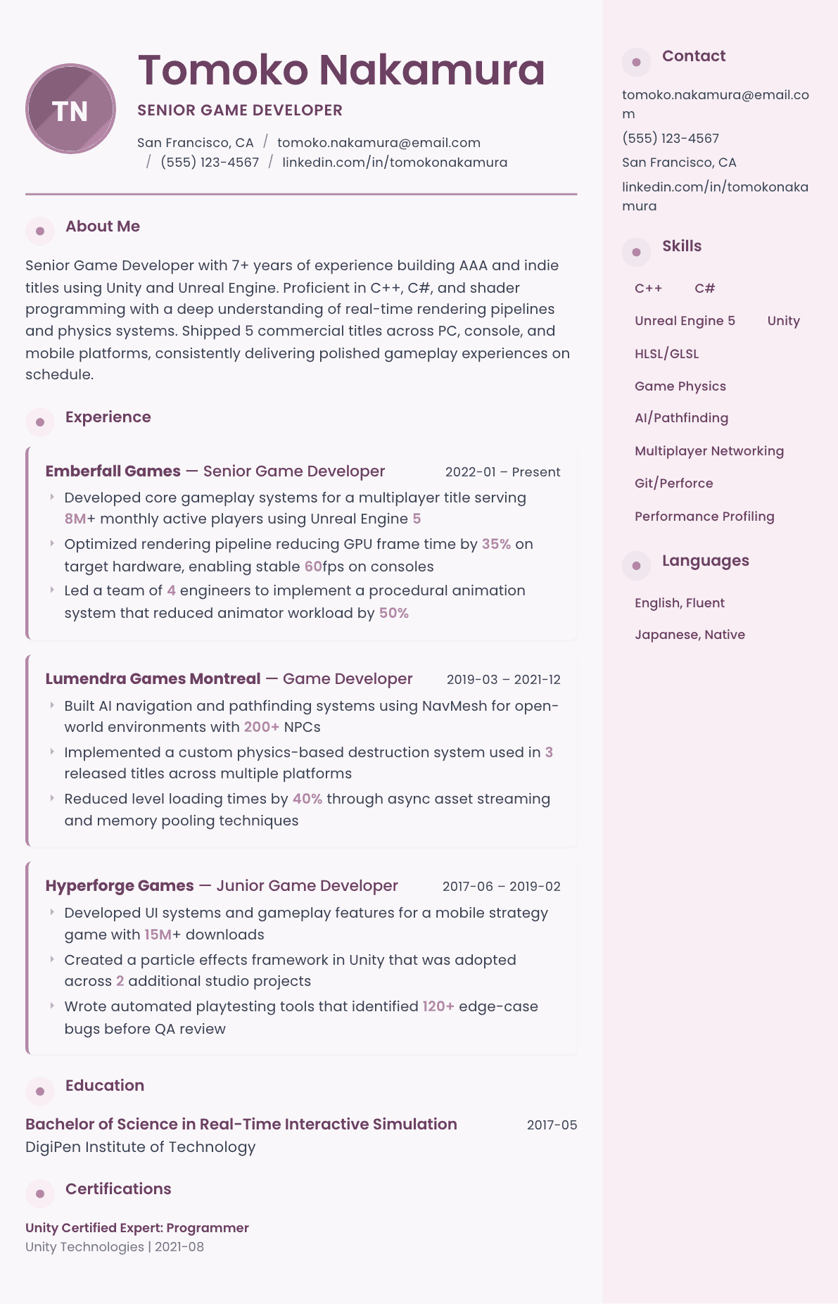 Game Developer resume example, Bloom template