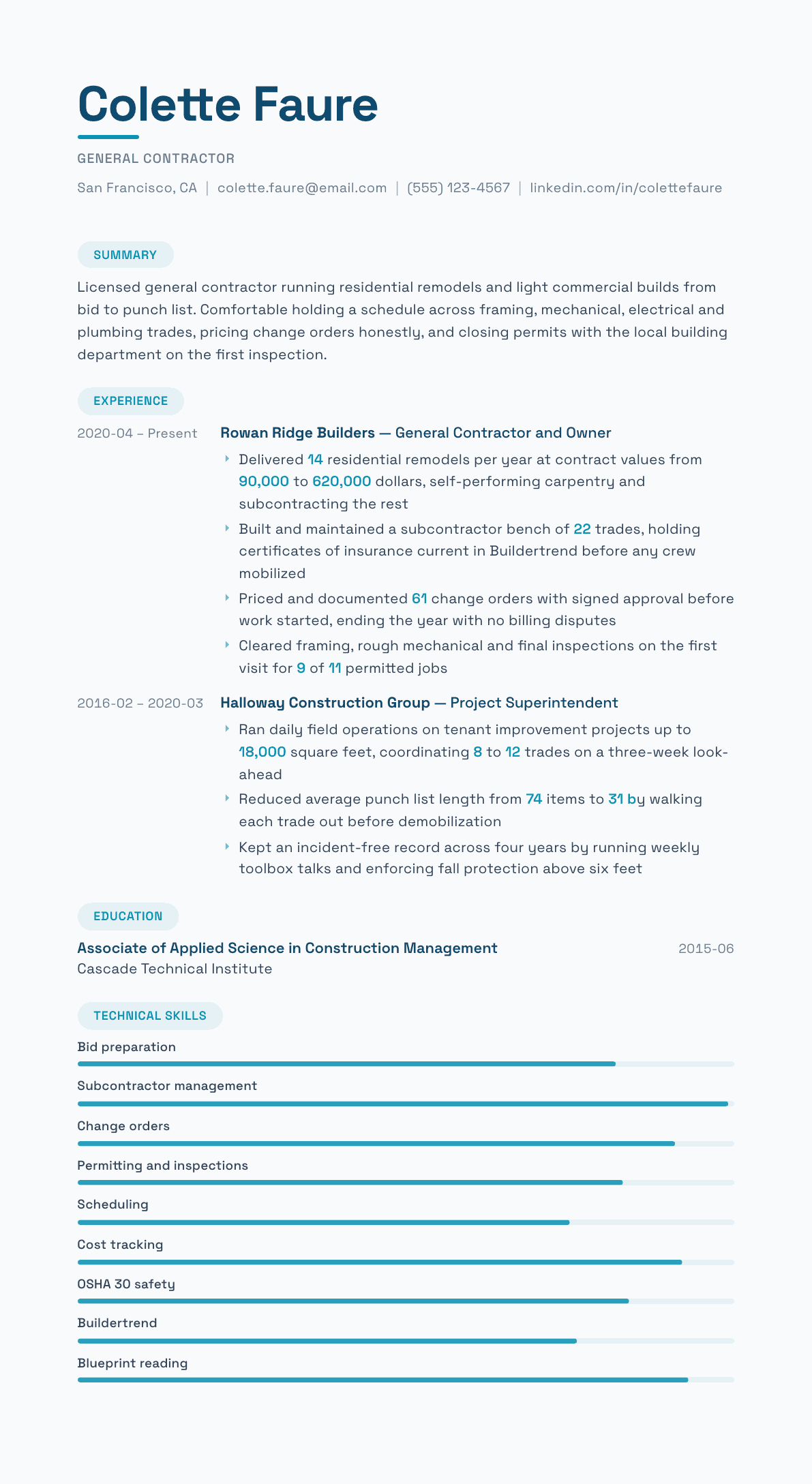 General Contractor resume example, Horizon template