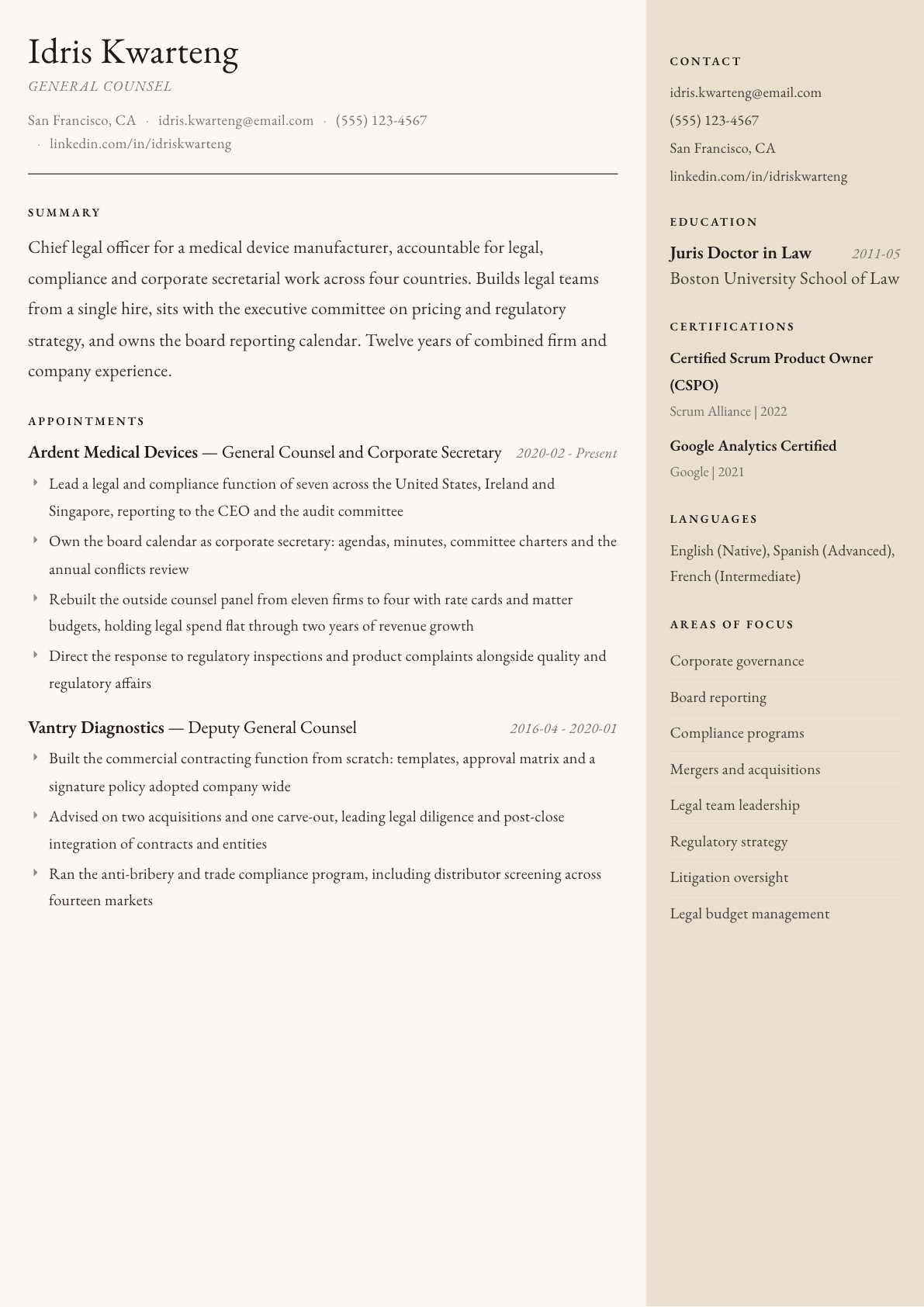 General Counsel resume example, Manuscript template