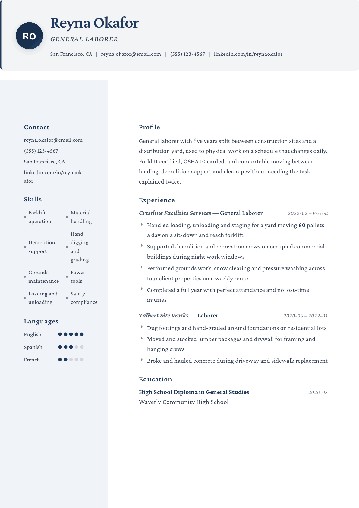 General Laborer resume example, Formal template