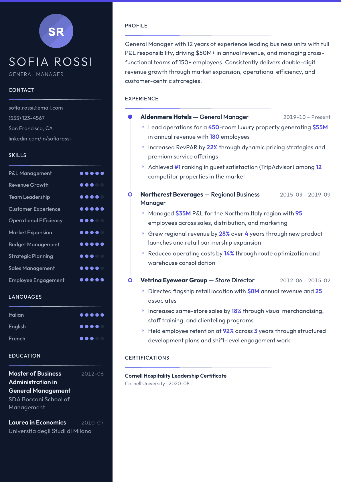 General Manager resume example, Zenith template