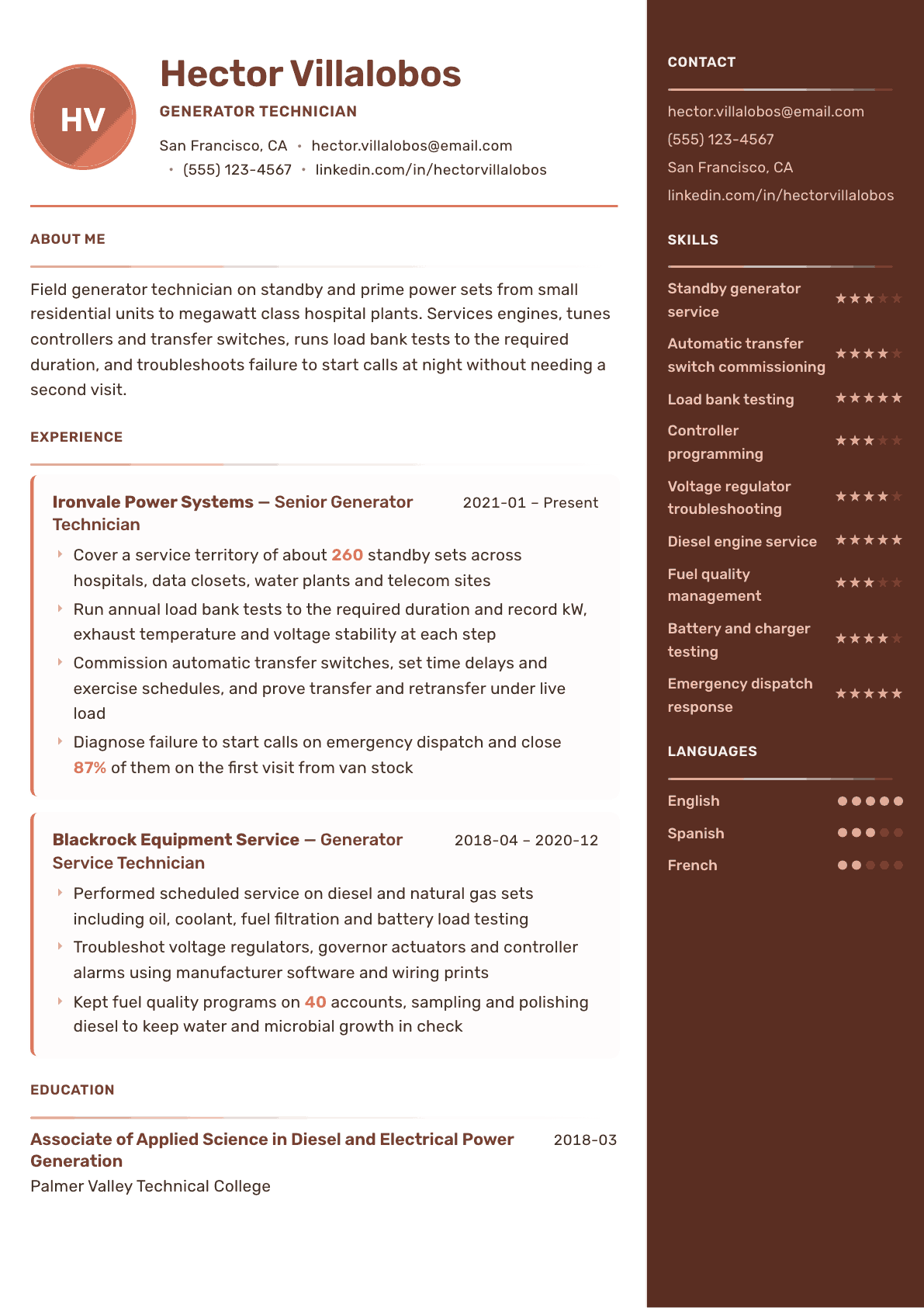 Generator Technician resume example, Mosaic template