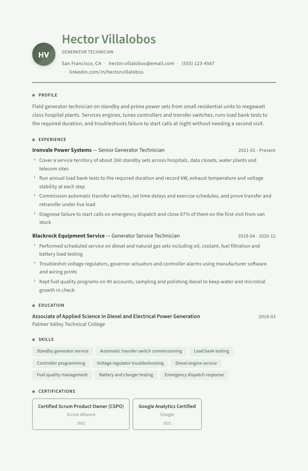 Generator Technician resume example, Sage Garden template