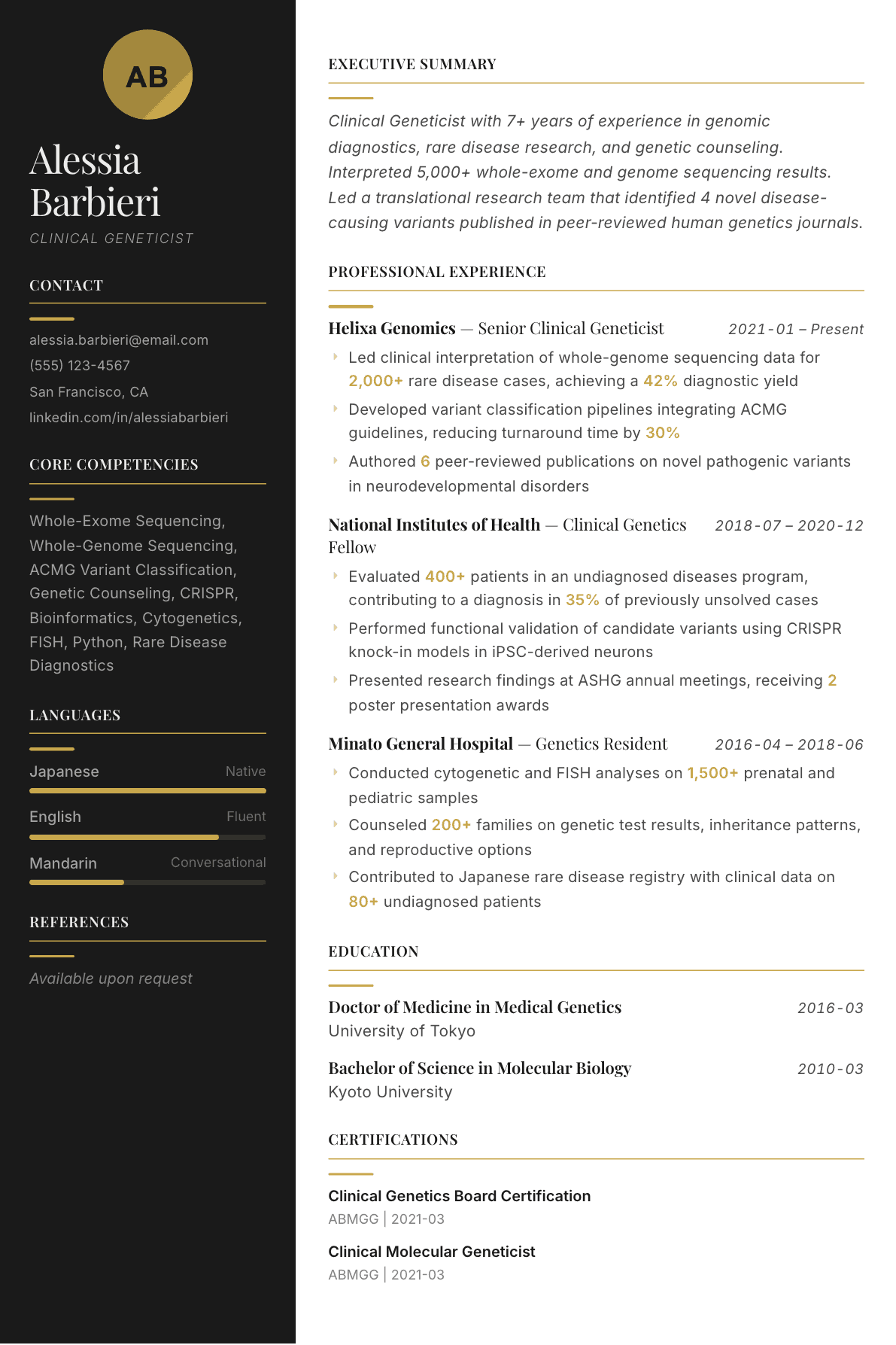 Geneticist resume example, Ink & Gold template