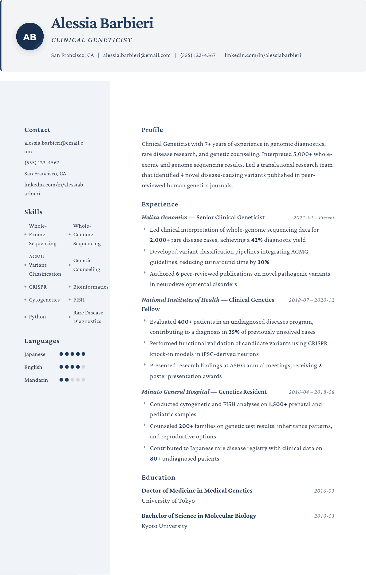 Geneticist resume example, Formal template